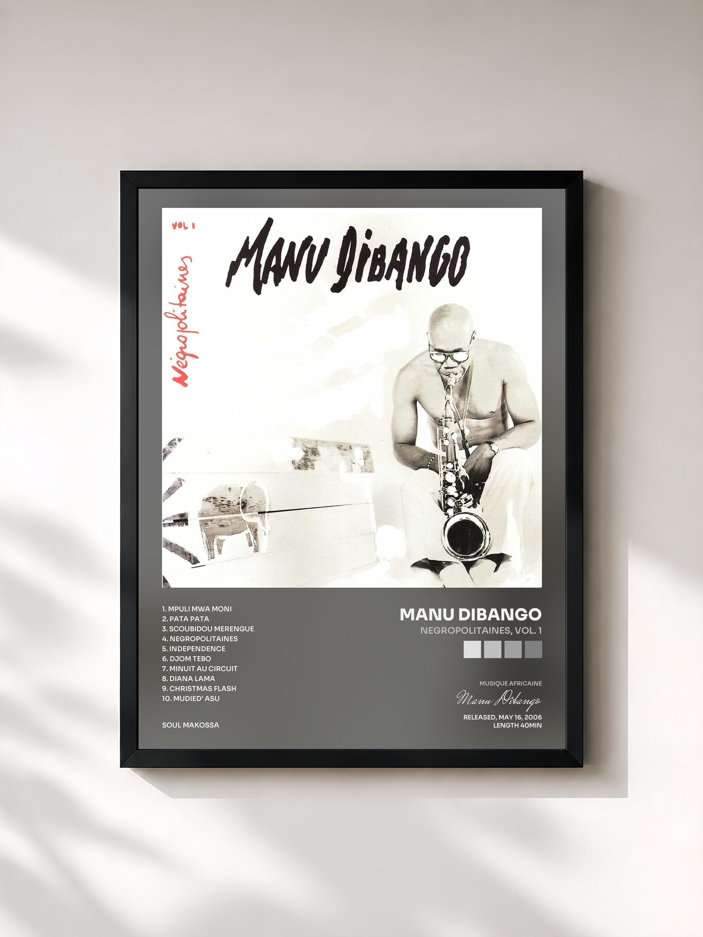 #noir Tableau de l'album Negropolitaines, Vol. 1 de Manu Dibango, cadre noir, imprimé et encadré en France