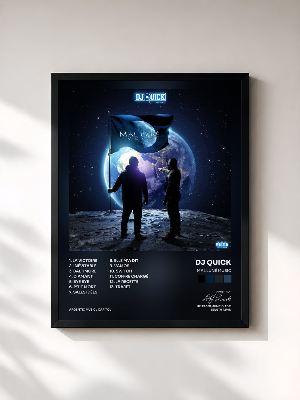 #noir Tableau de l'album Mal Luné Music de DJ Quick, cadre noir, imprimé et encadré en France