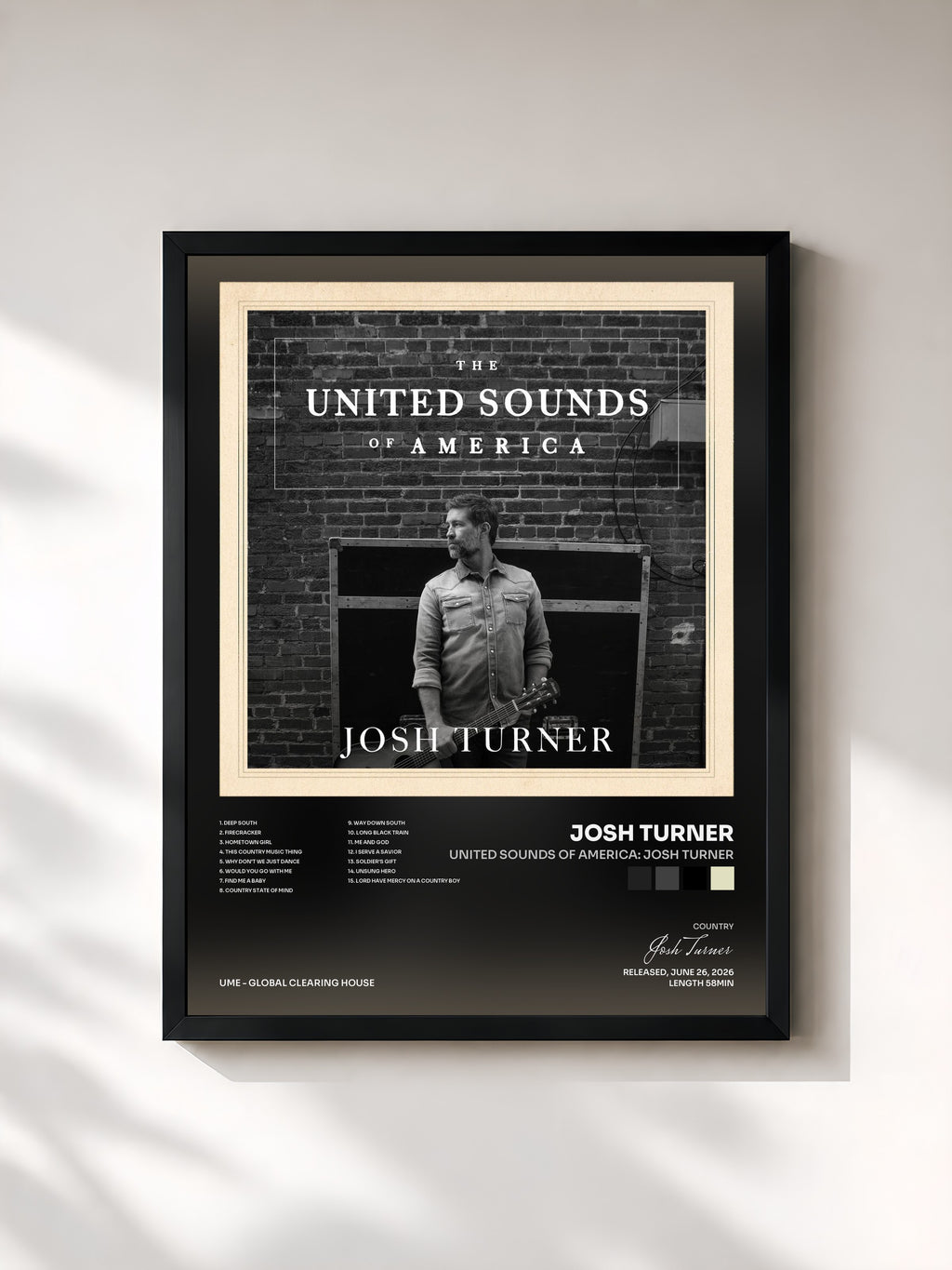#noir Tableau de l'album United Sounds of America: Josh Turner de Josh Turner, cadre noir, imprimé et encadré en France