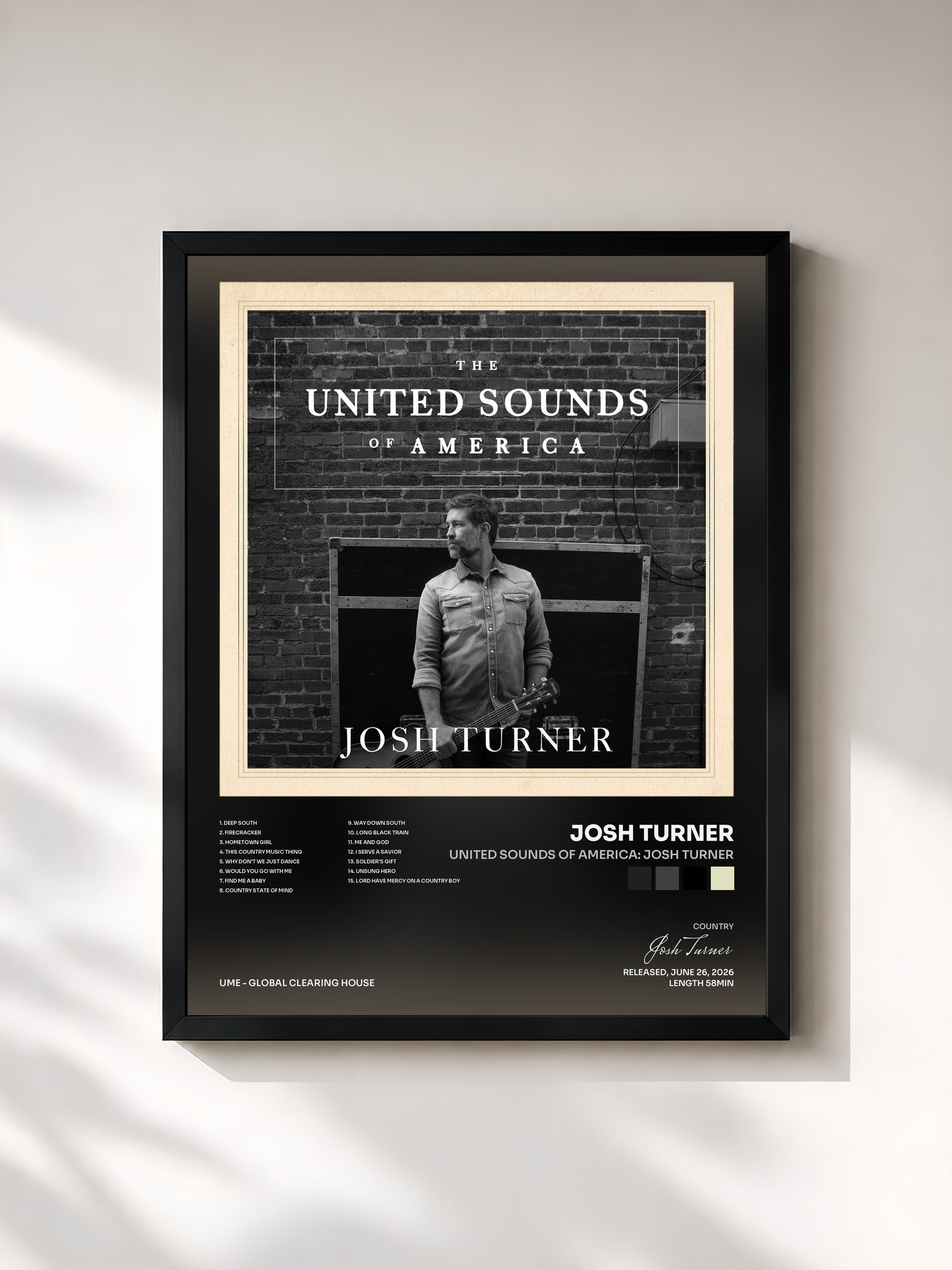 #noir Tableau de l'album United Sounds of America: Josh Turner de Josh Turner, cadre noir, imprimé et encadré en France