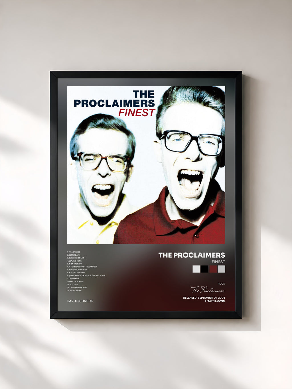 #noir Tableau de l'album Finest de The Proclaimers, cadre noir, imprimé et encadré en France