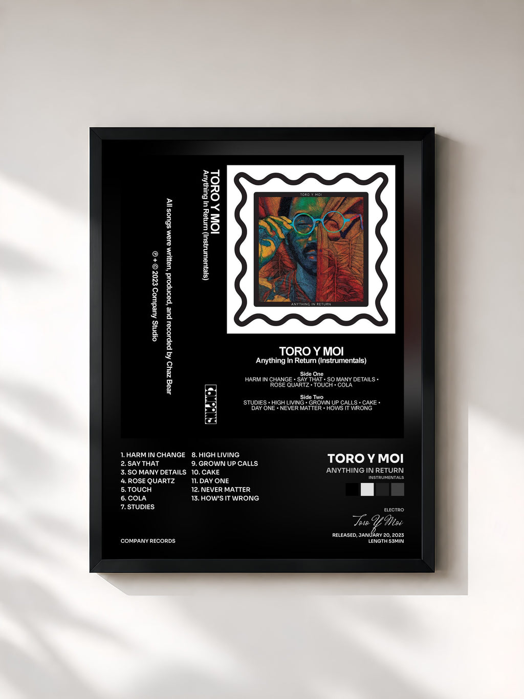 #noir Tableau de l'album Anything In Return (Instrumentals) de Toro Y Moi, cadre noir, imprimé et encadré en France