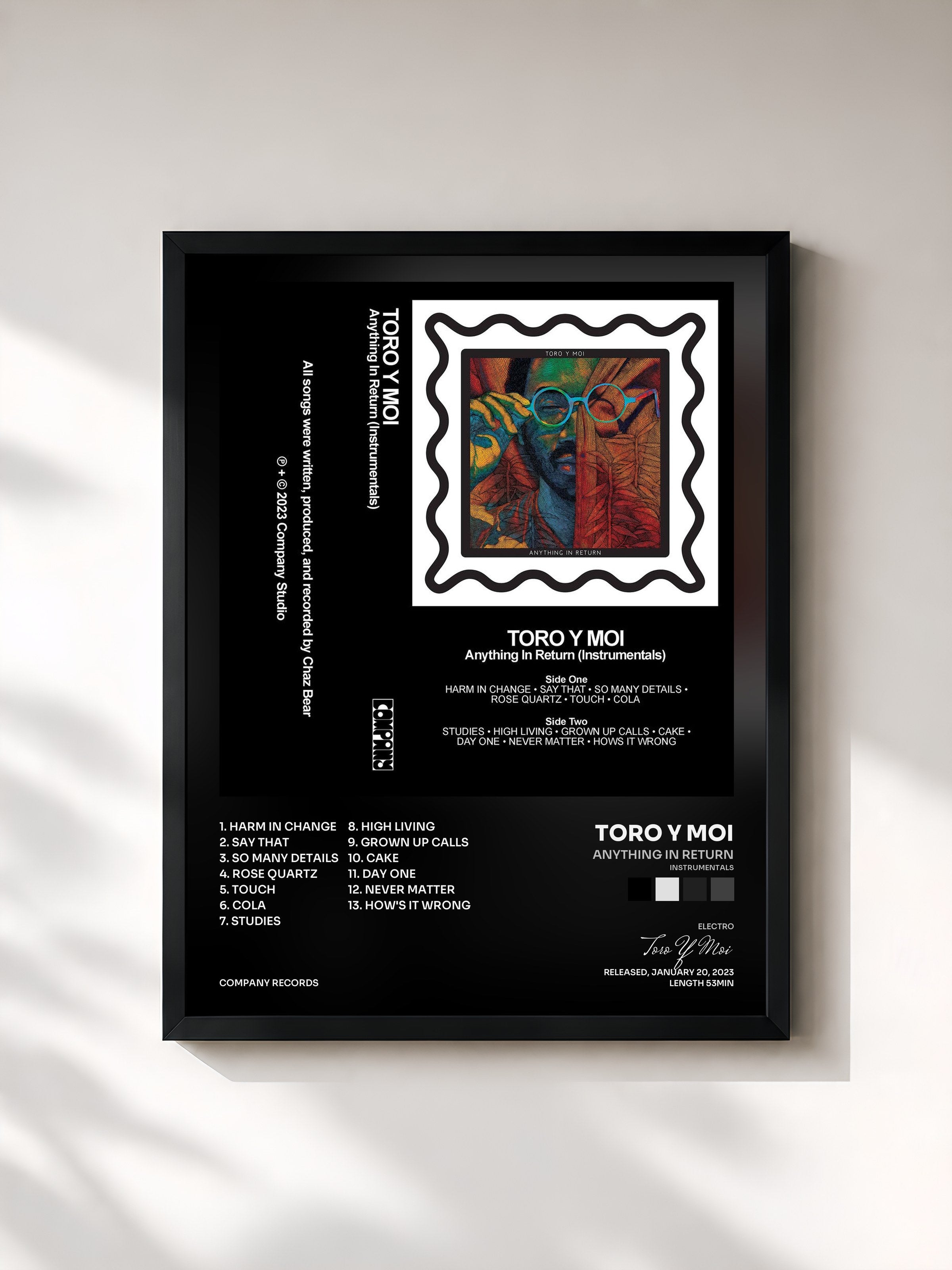 #noir Tableau de l'album Anything In Return (Instrumentals) de Toro Y Moi, cadre noir, imprimé et encadré en France