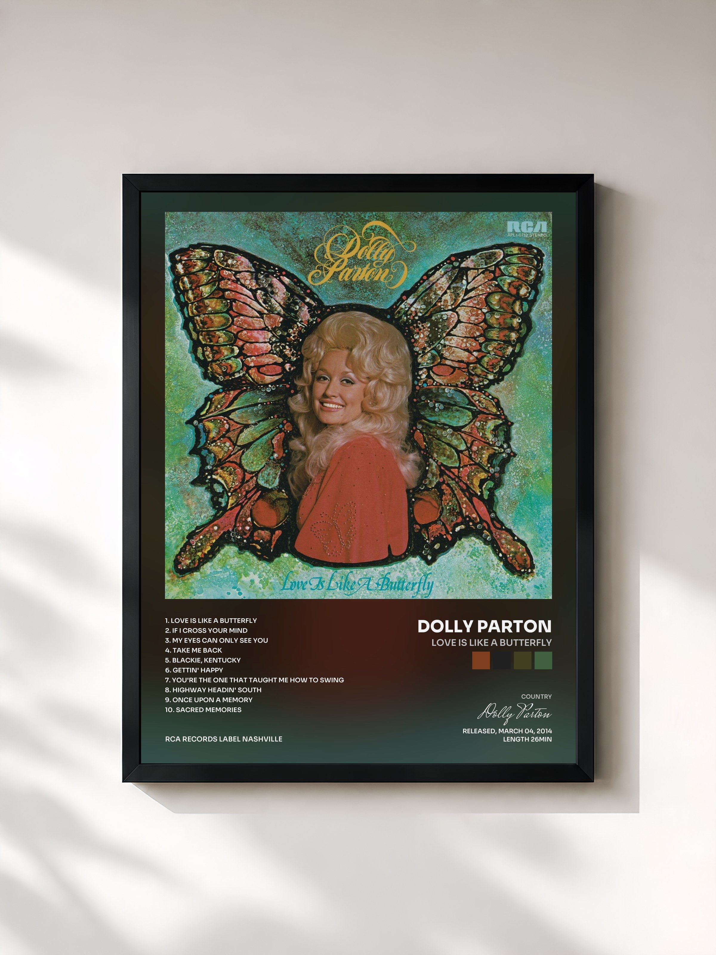 #noir Tableau de l'album Love Is Like a Butterfly de Dolly Parton, cadre noir, imprimé et encadré en France