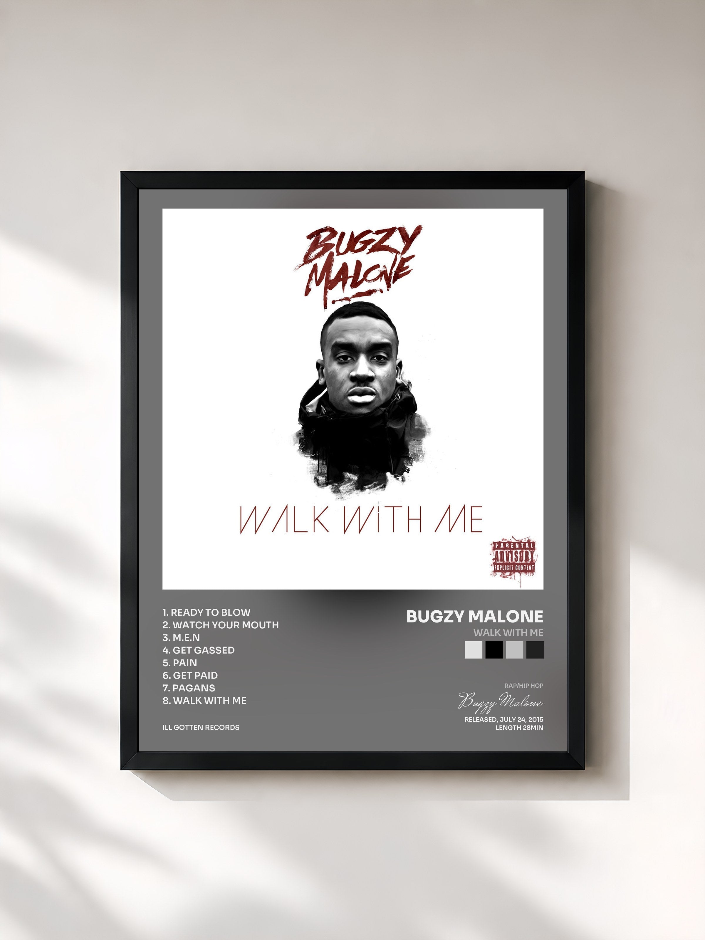 #noir Tableau de l'album Walk With Me de Bugzy Malone, cadre noir, imprimé et encadré en France