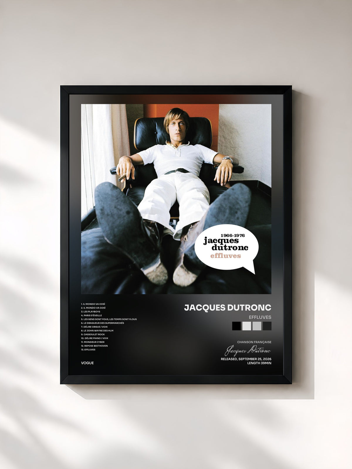 #noir Tableau de l'album Effluves de Jacques Dutronc, cadre noir, imprimé et encadré en France