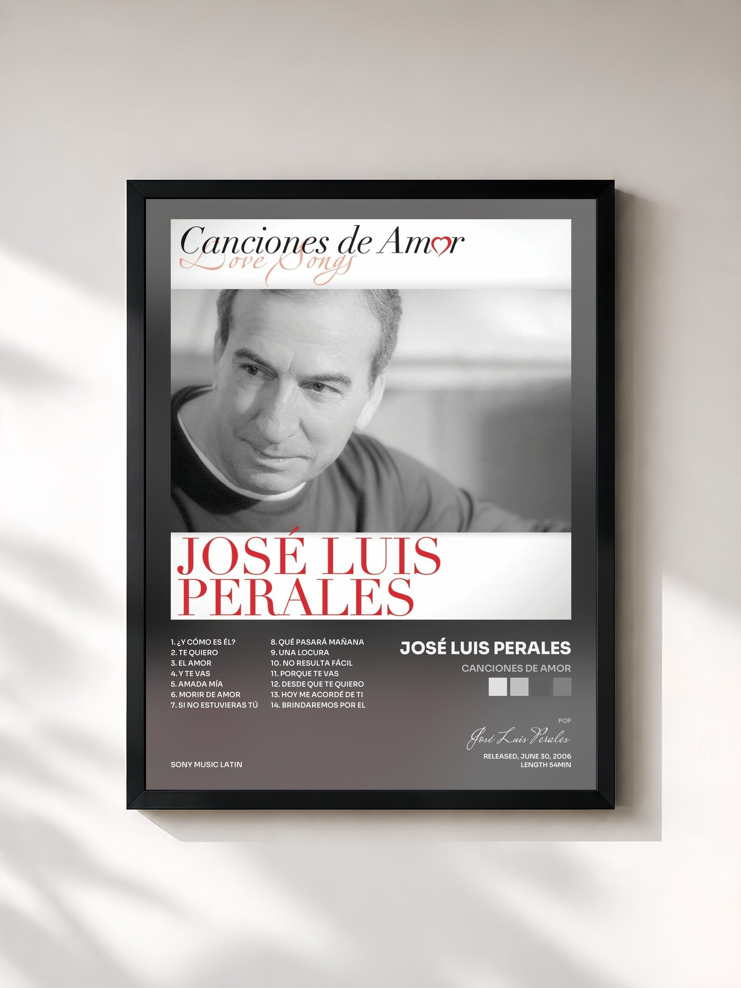 #noir Tableau de l'album Canciones De Amor de José Luis Perales, cadre noir, imprimé et encadré en France