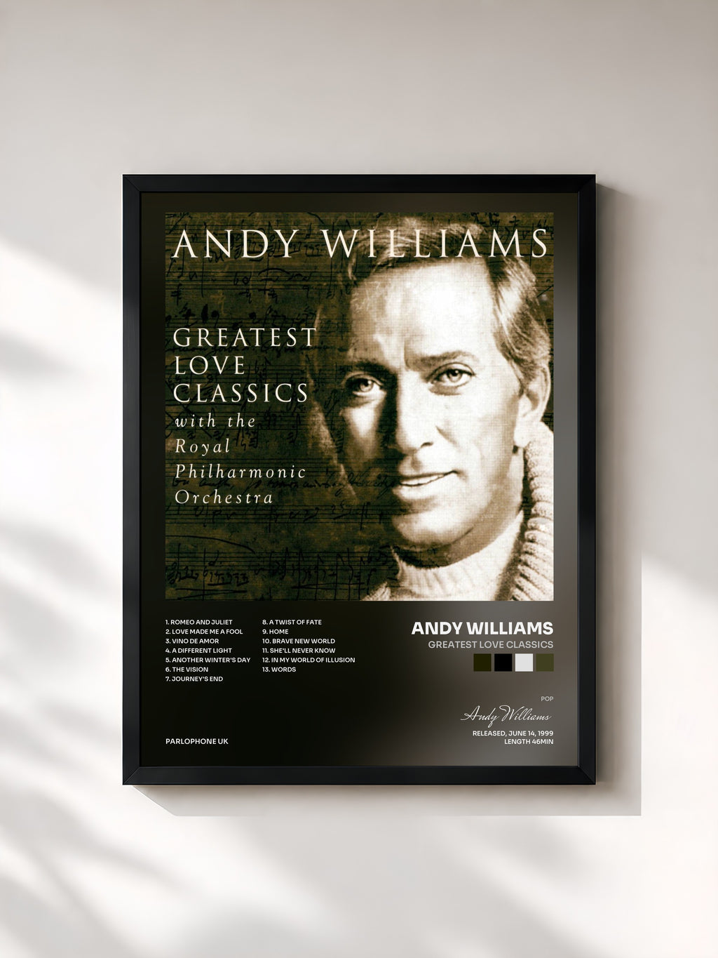 #noir Tableau de l'album Greatest Love Classics de Andy Williams, cadre noir, imprimé et encadré en France