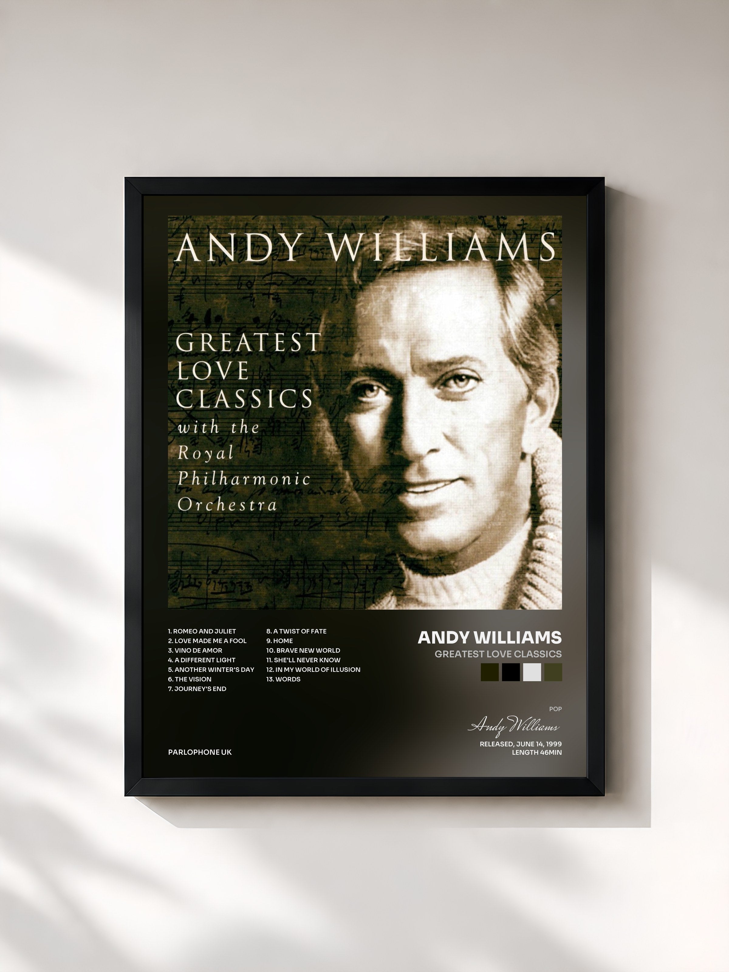 #noir Tableau de l'album Greatest Love Classics de Andy Williams, cadre noir, imprimé et encadré en France