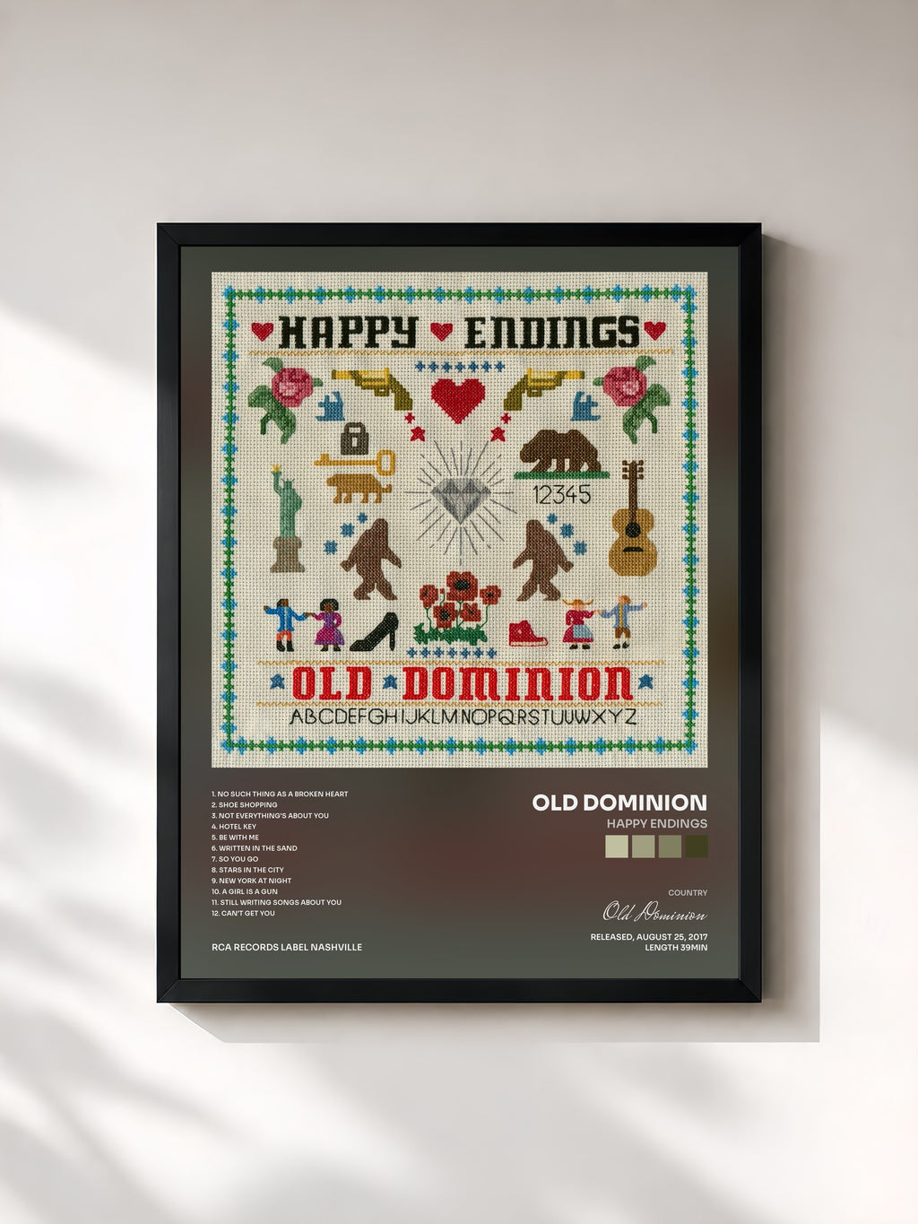 #noir Tableau de l'album Happy Endings de Old Dominion, cadre noir, imprimé et encadré en France