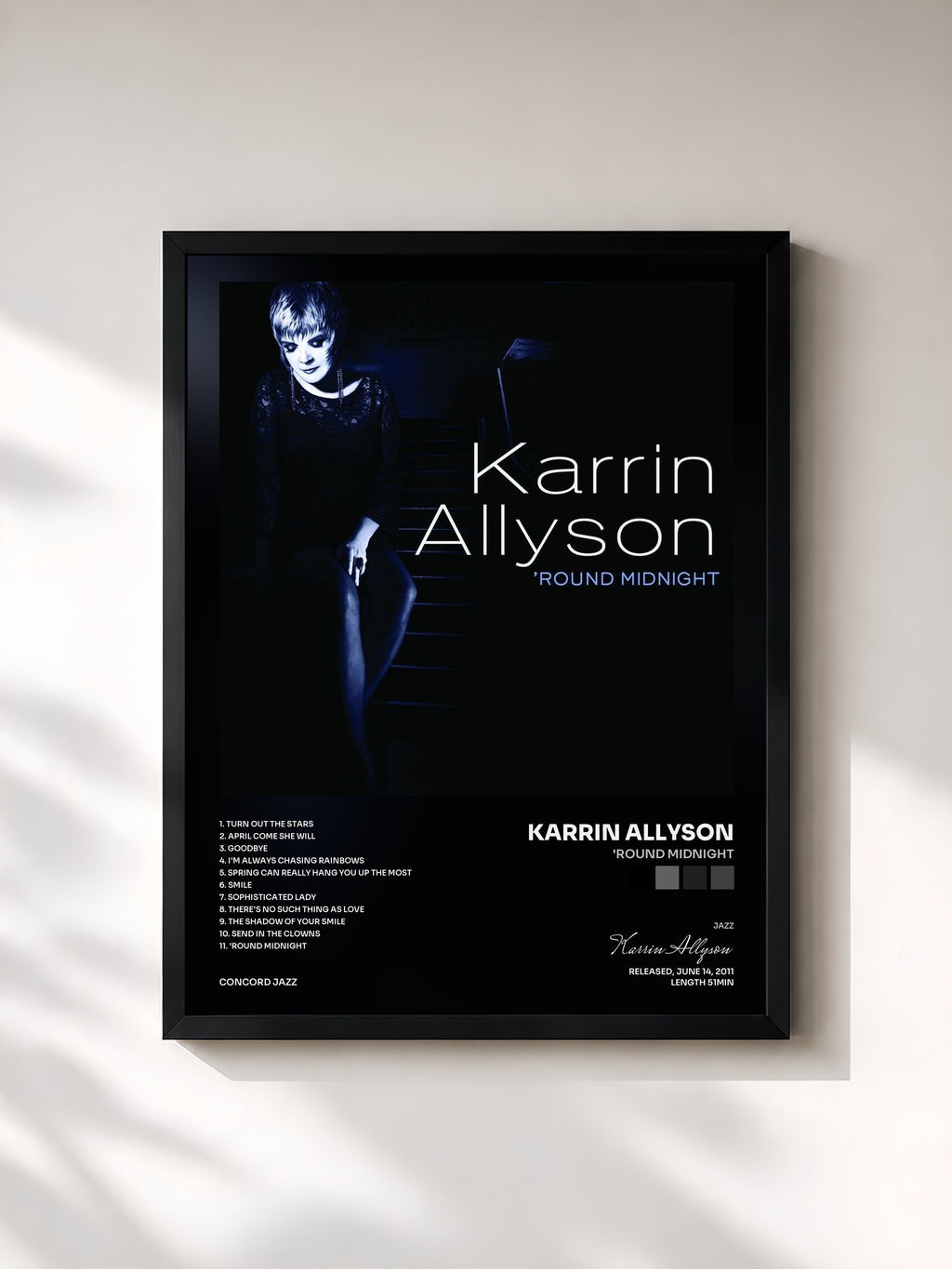#noir Tableau de l'album 'Round Midnight de Karrin Allyson, cadre noir, imprimé et encadré en France
