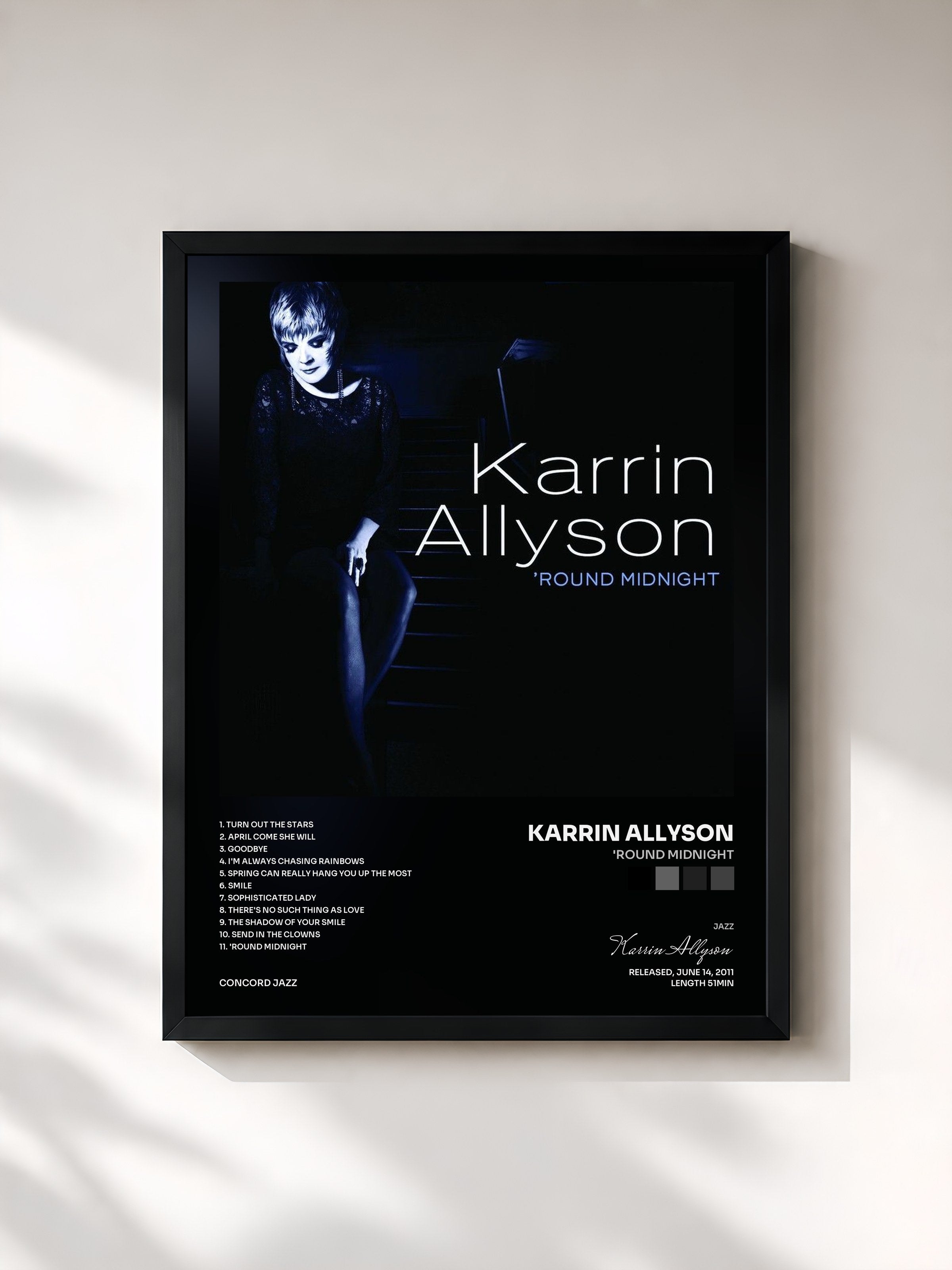 #noir Tableau de l'album 'Round Midnight de Karrin Allyson, cadre noir, imprimé et encadré en France