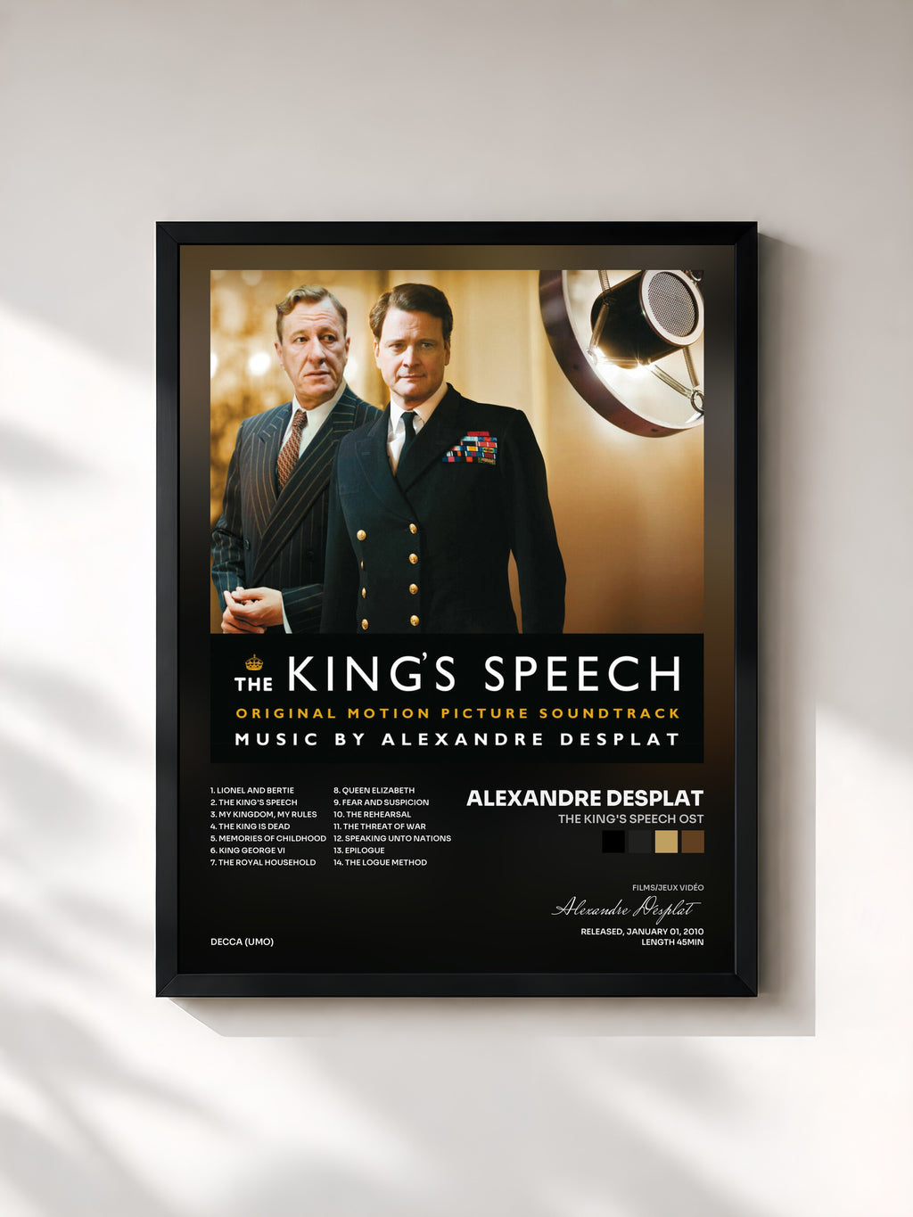 #noir Tableau de l'album The King's Speech OST de Alexandre Desplat, cadre noir, imprimé et encadré en France
