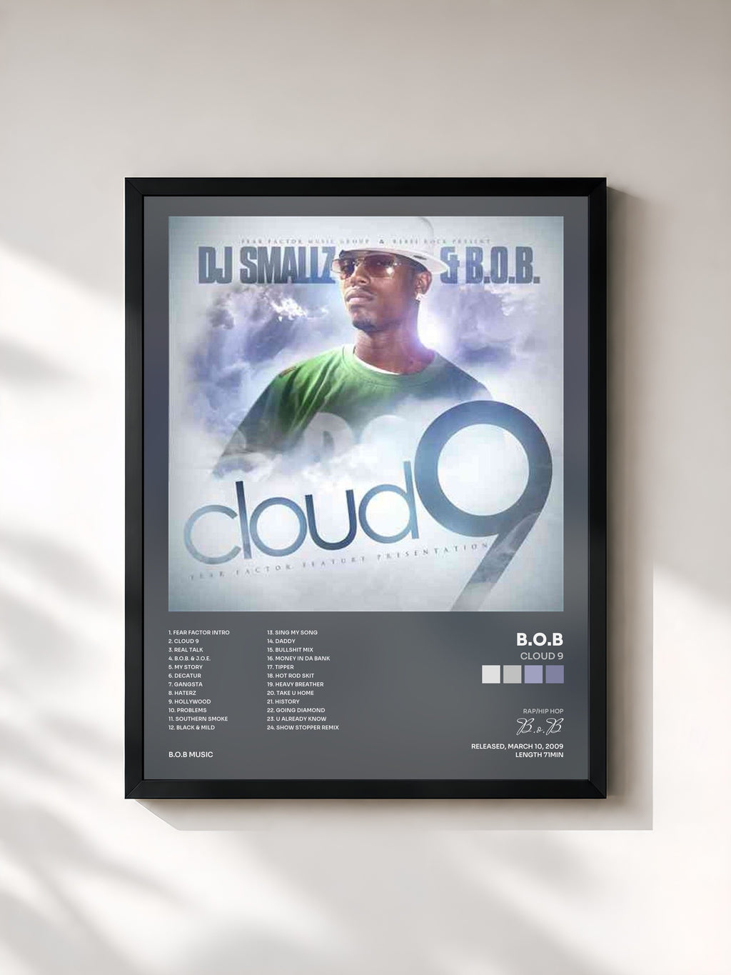 #noir Tableau de l'album Cloud 9 de B.o.B, cadre noir, imprimé et encadré en France