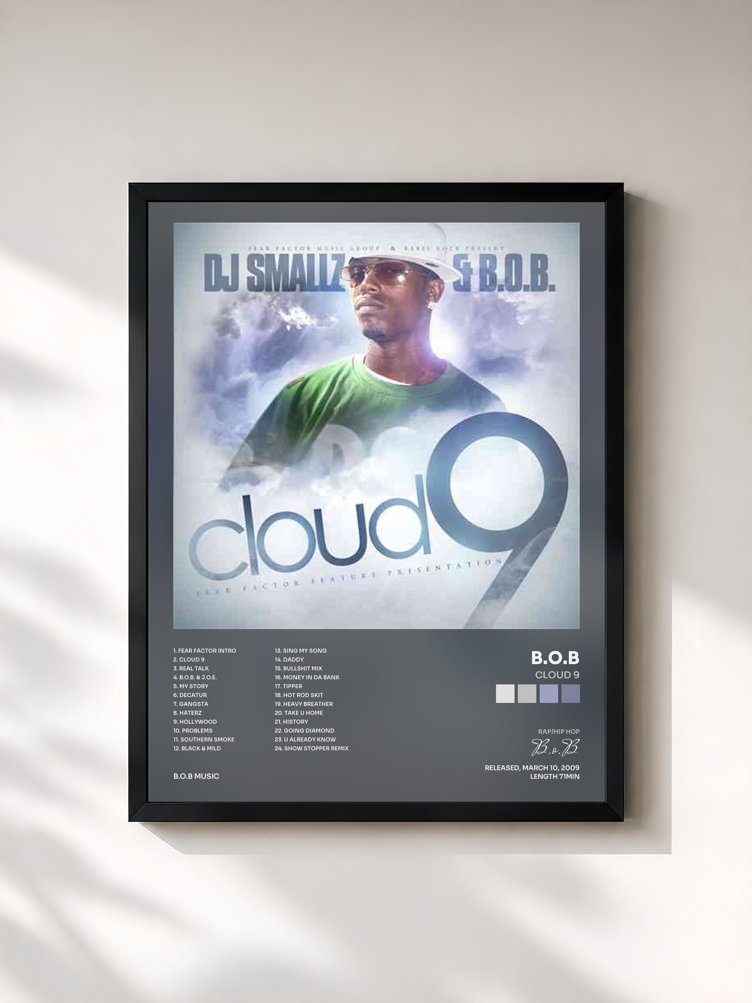 #noir Tableau de l'album Cloud 9 de B.o.B, cadre noir, imprimé et encadré en France