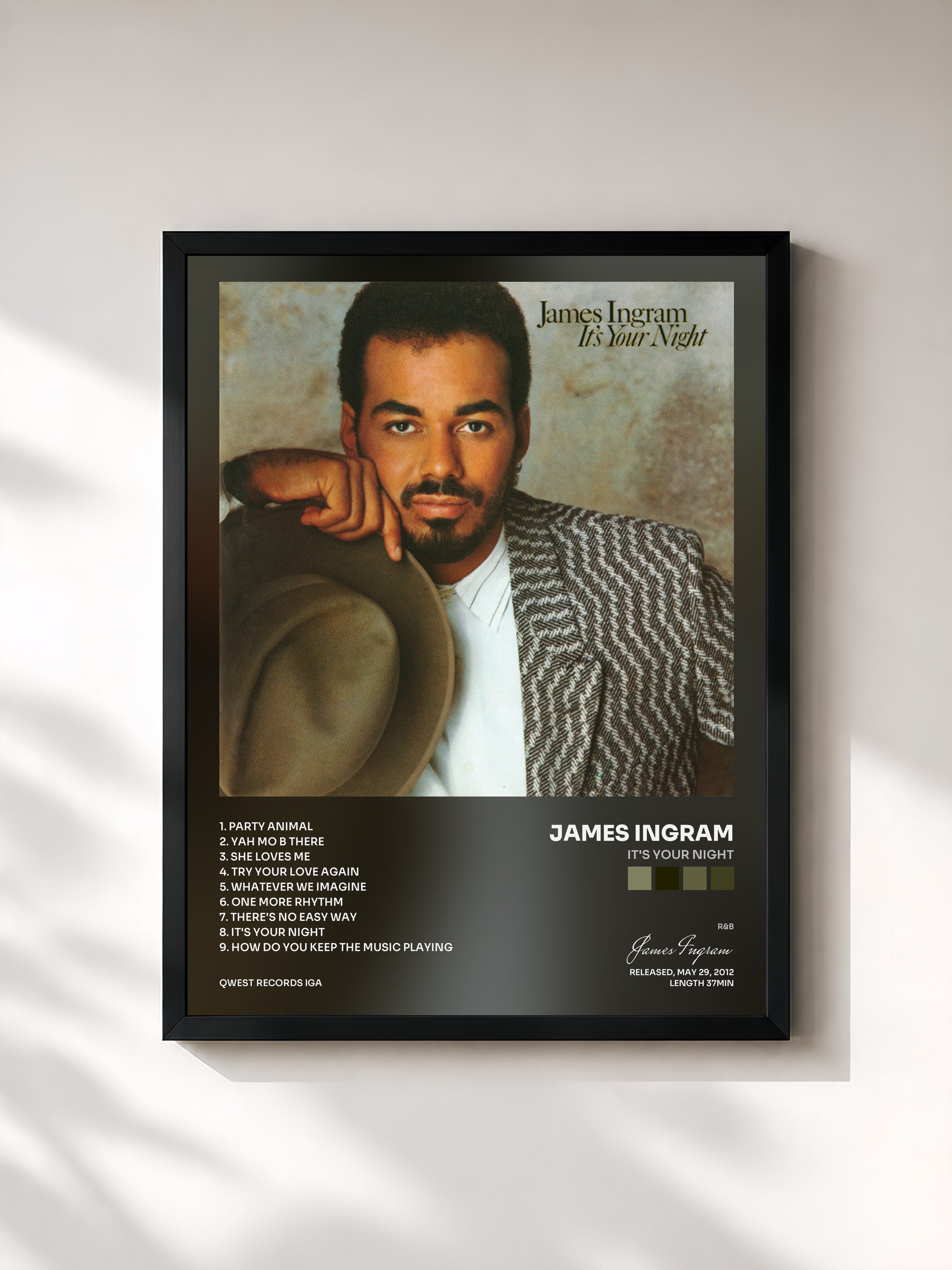 #noir Tableau de l'album It's Your Night de James Ingram, cadre noir, imprimé et encadré en France