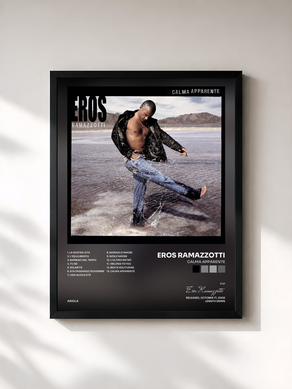 #noir Tableau de l'album Calma Apparente de Eros Ramazzotti, cadre noir, imprimé et encadré en France