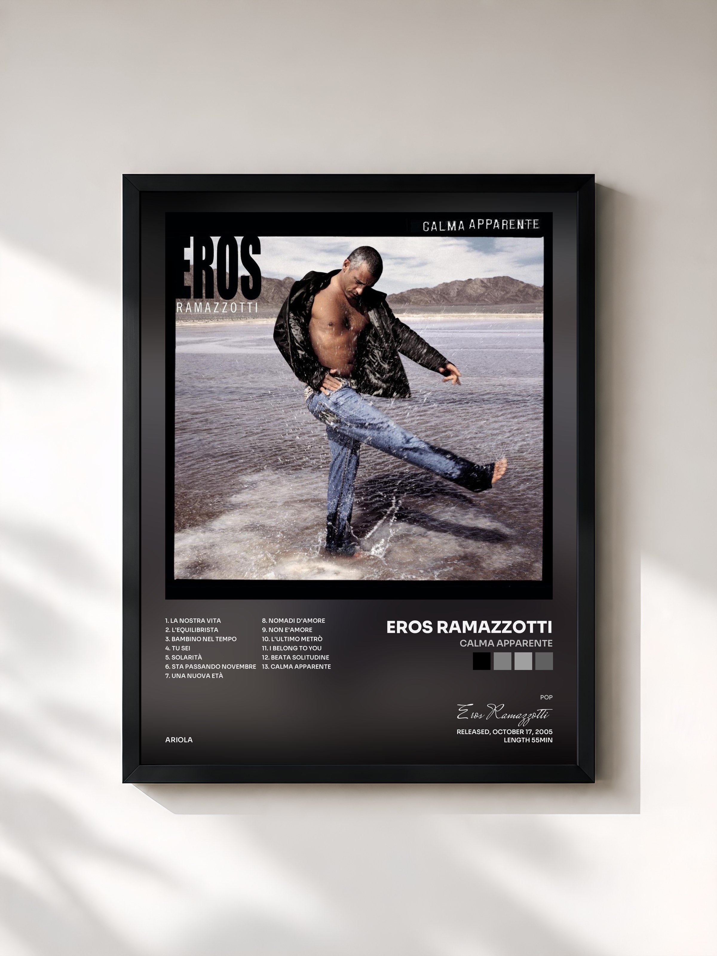 #noir Tableau de l'album Calma Apparente de Eros Ramazzotti, cadre noir, imprimé et encadré en France