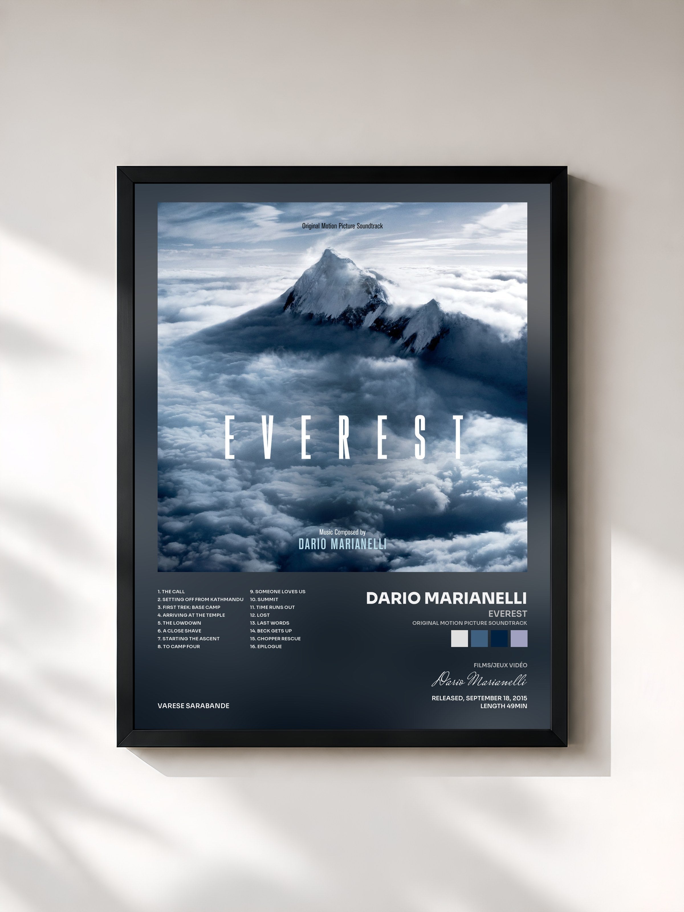 #noir Tableau de l'album Everest (Original Motion Picture Soundtrack) de Dario Marianelli, cadre noir, imprimé et encadré en France