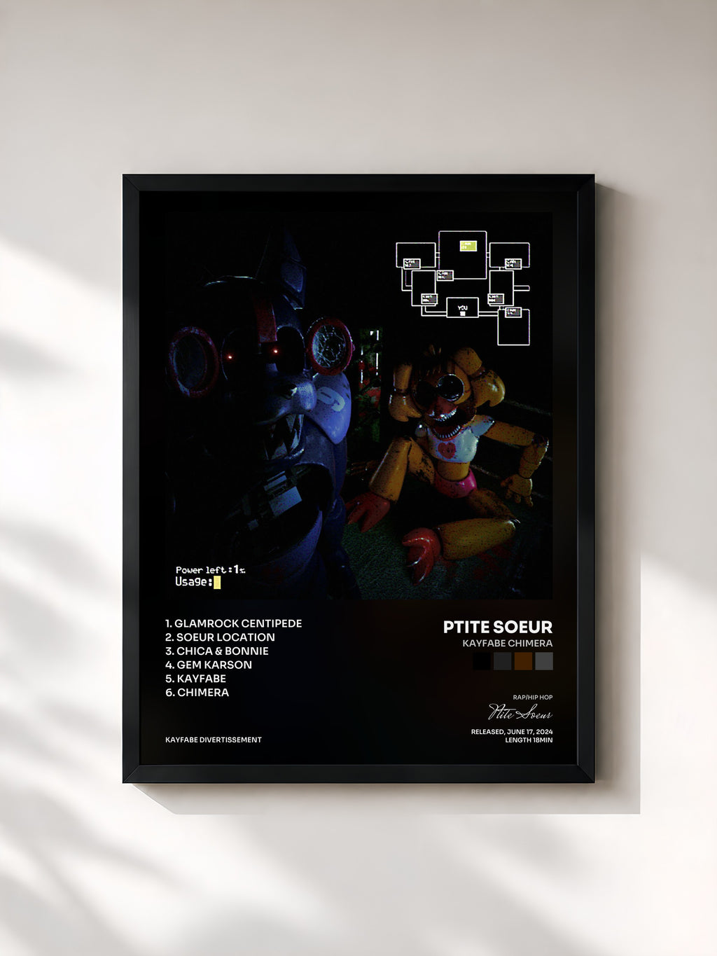 #noir Tableau de l'album KAYFABE CHIMERA de Ptite Soeur, cadre noir, imprimé et encadré en France