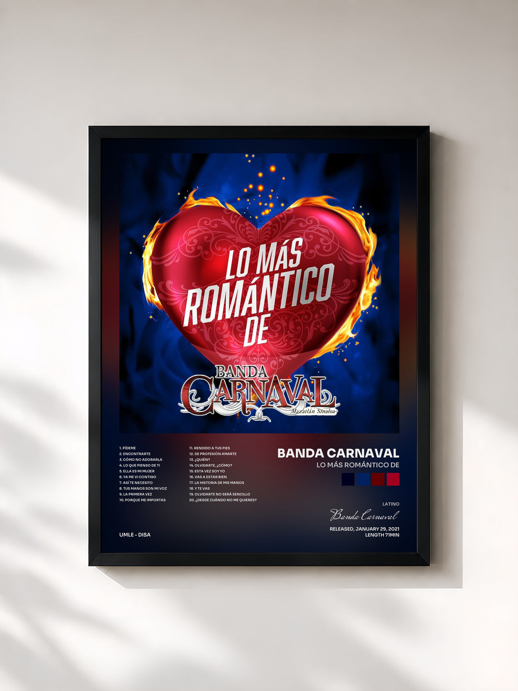 #noir Tableau de l'album Lo Más Romántico De de Banda Carnaval, cadre noir, imprimé et encadré en France
