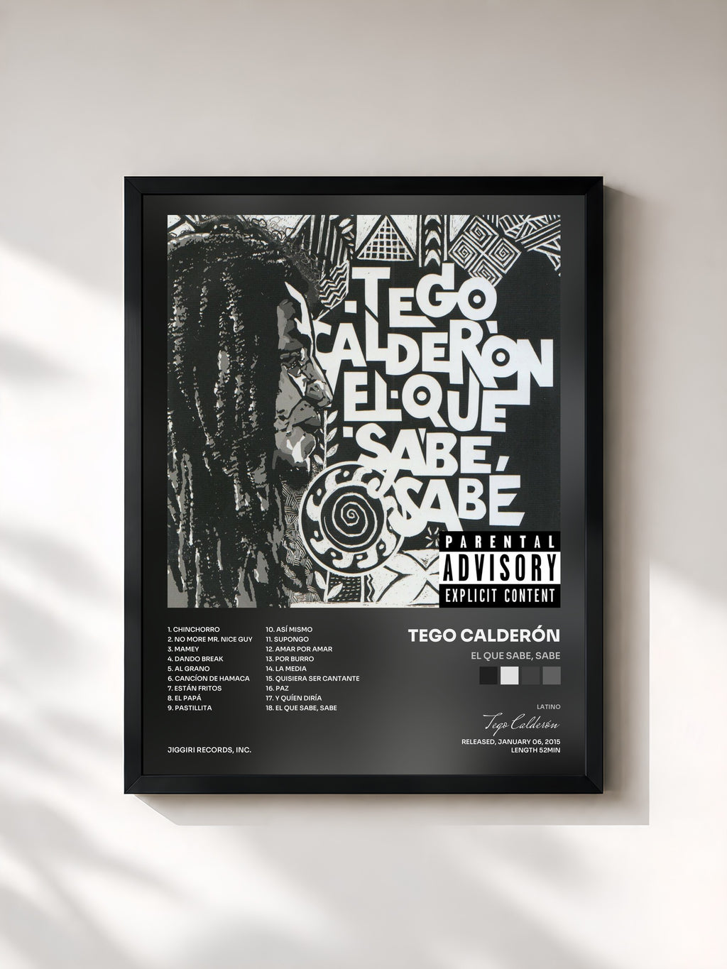 #noir Tableau de l'album El Que Sabe, Sabe de Tego Calderón, cadre noir, imprimé et encadré en France