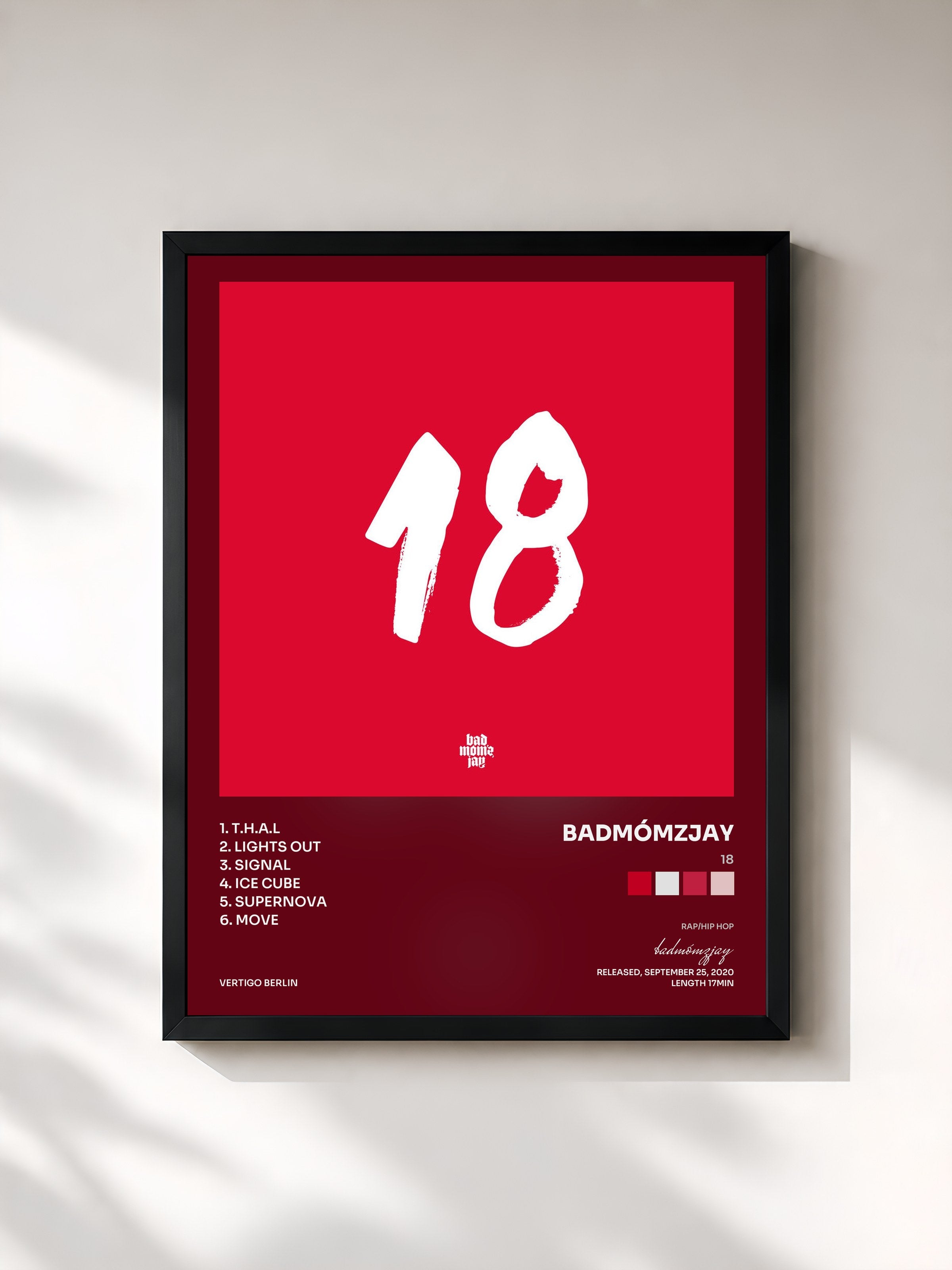 #noir Tableau de l'album 18 de badmómzjay, cadre noir, imprimé et encadré en France