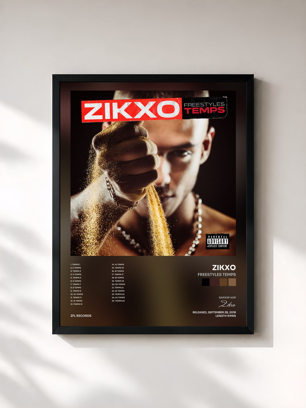 #noir Tableau de l'album Freestyles Temps de Zikxo, cadre noir, imprimé et encadré en France