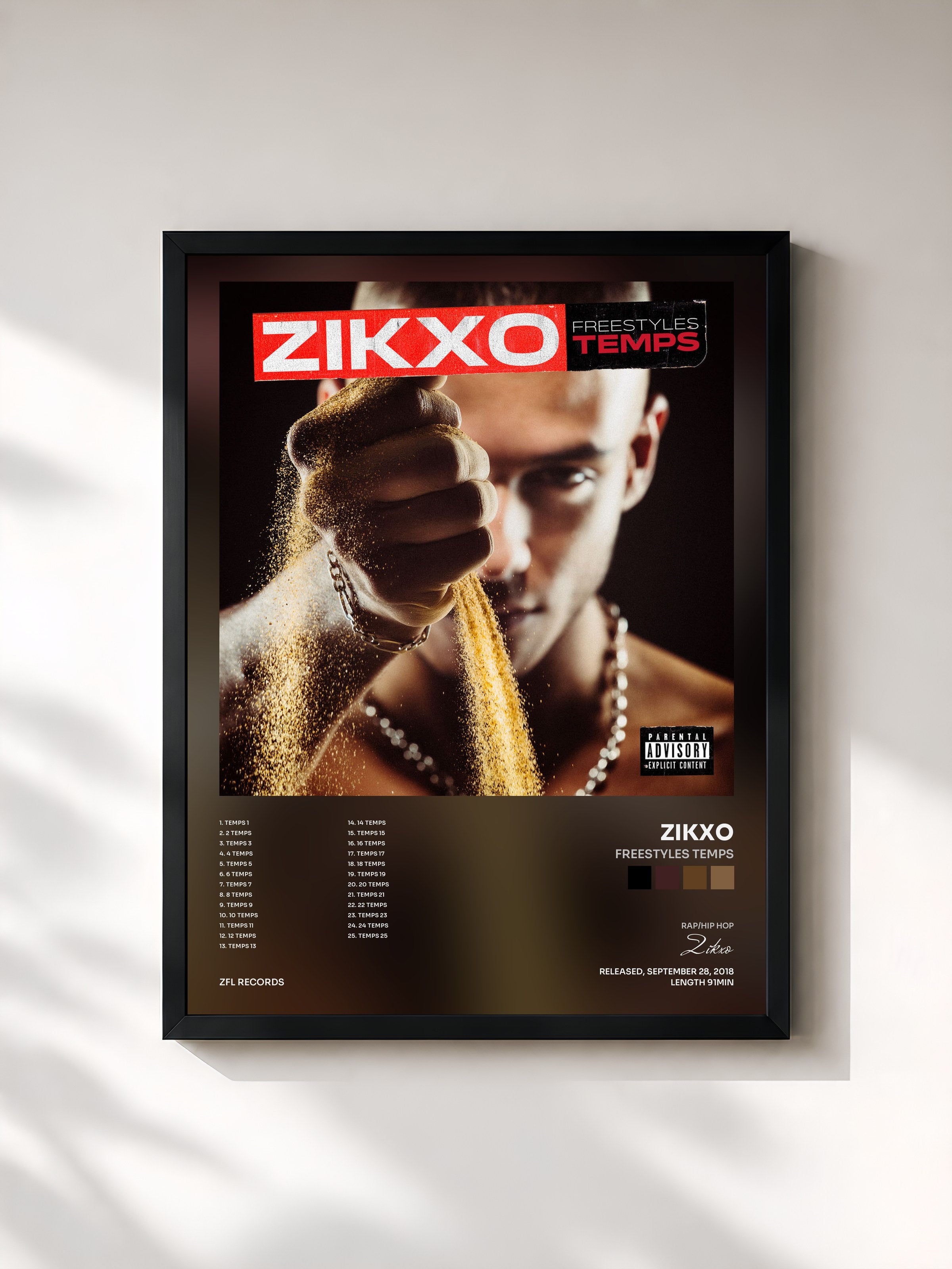 #noir Tableau de l'album Freestyles Temps de Zikxo, cadre noir, imprimé et encadré en France