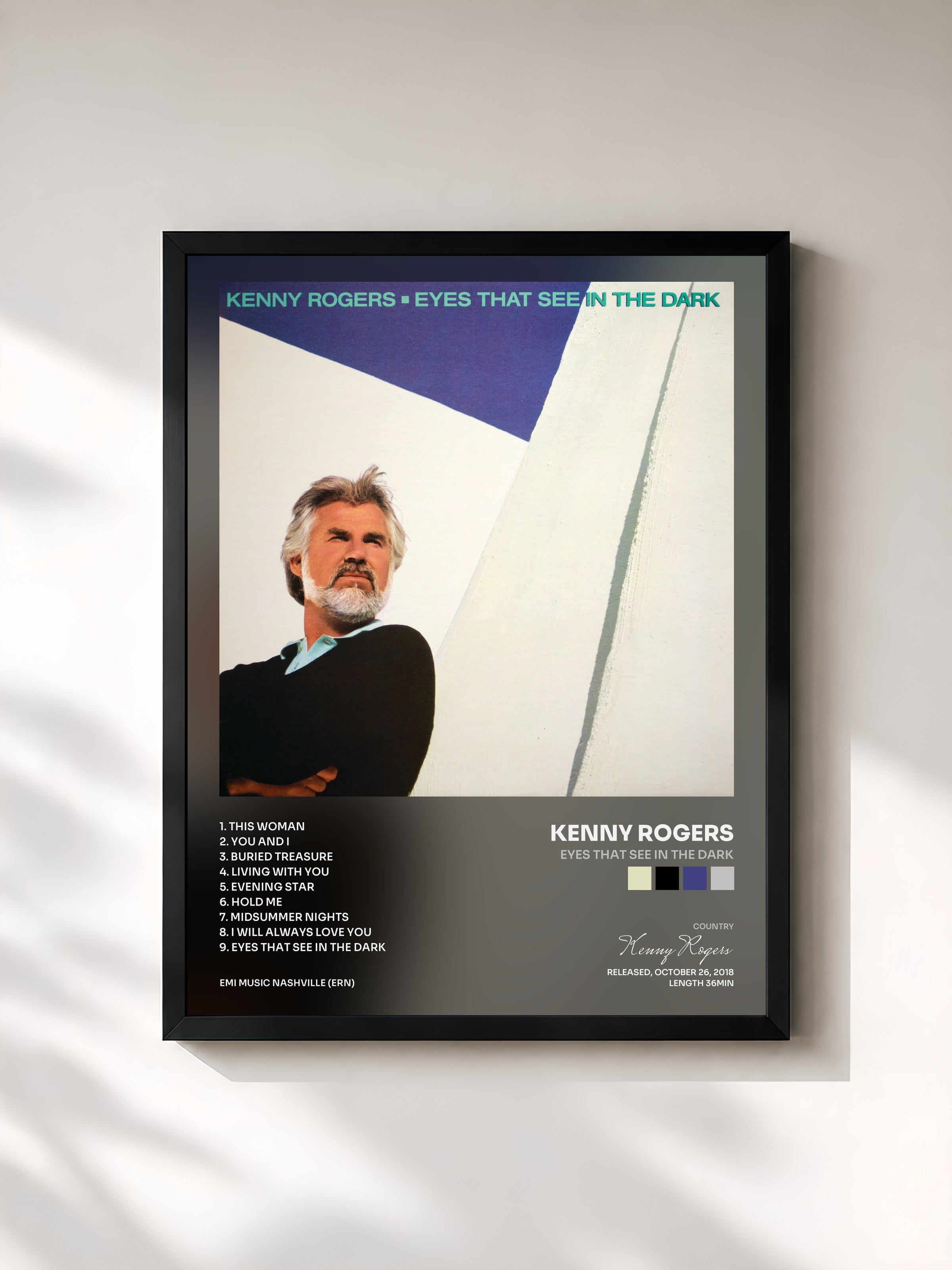 #noir Tableau de l'album Eyes That See In The Dark de Kenny Rogers, cadre noir, imprimé et encadré en France