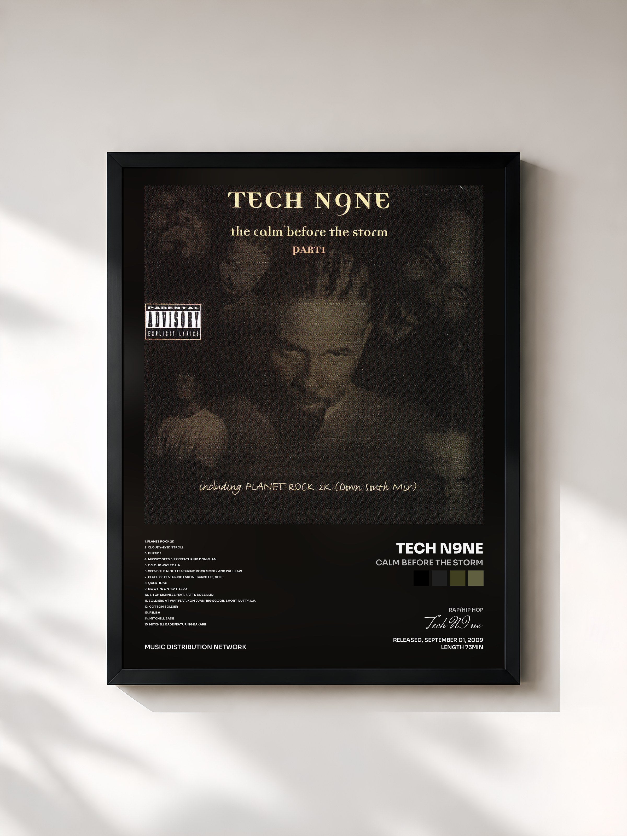 #noir Tableau de l'album Calm Before the Storm de Tech N9ne, cadre noir, imprimé et encadré en France