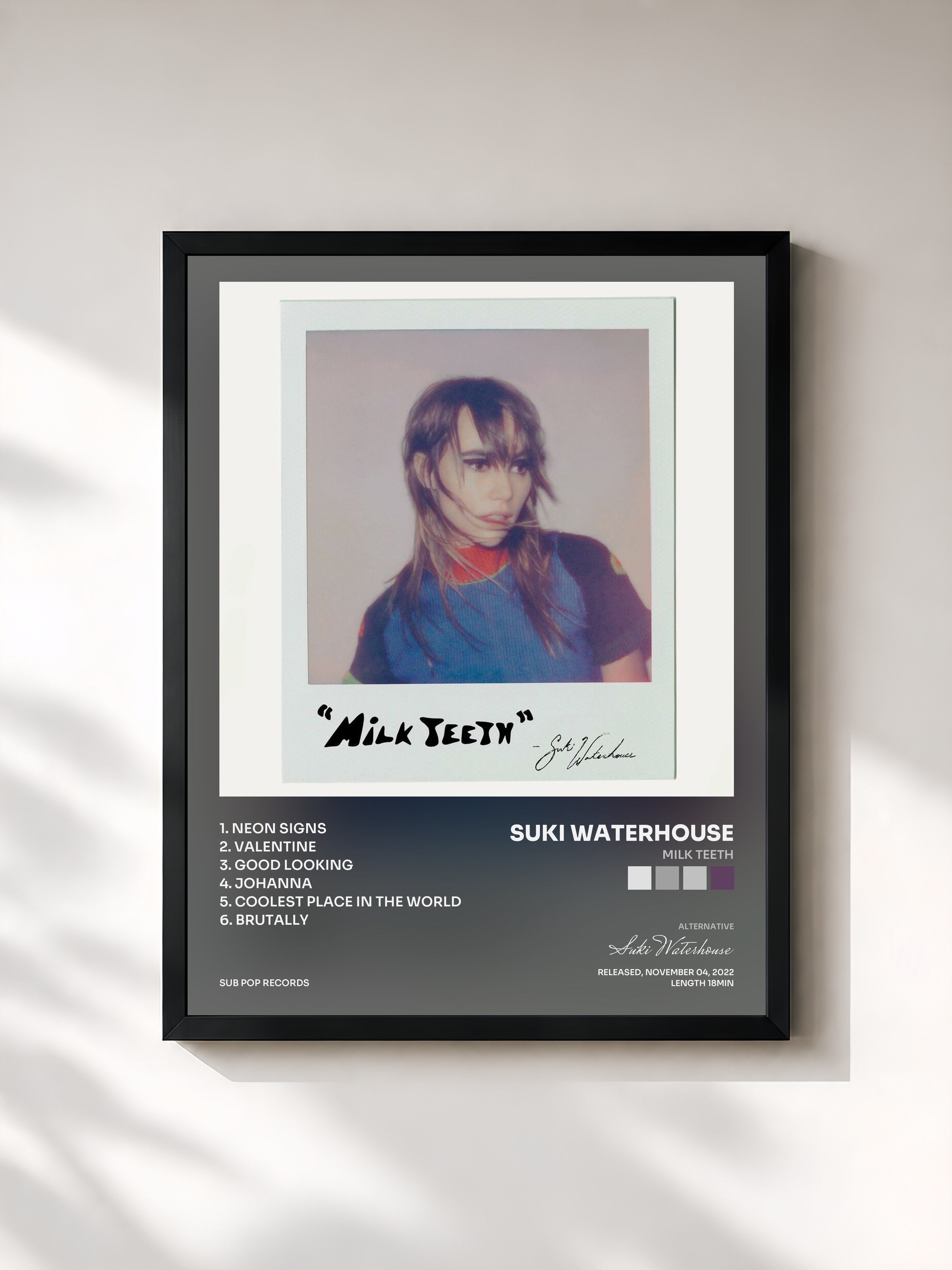 #noir Tableau de l'album Milk Teeth de Suki Waterhouse, cadre noir, imprimé et encadré en France