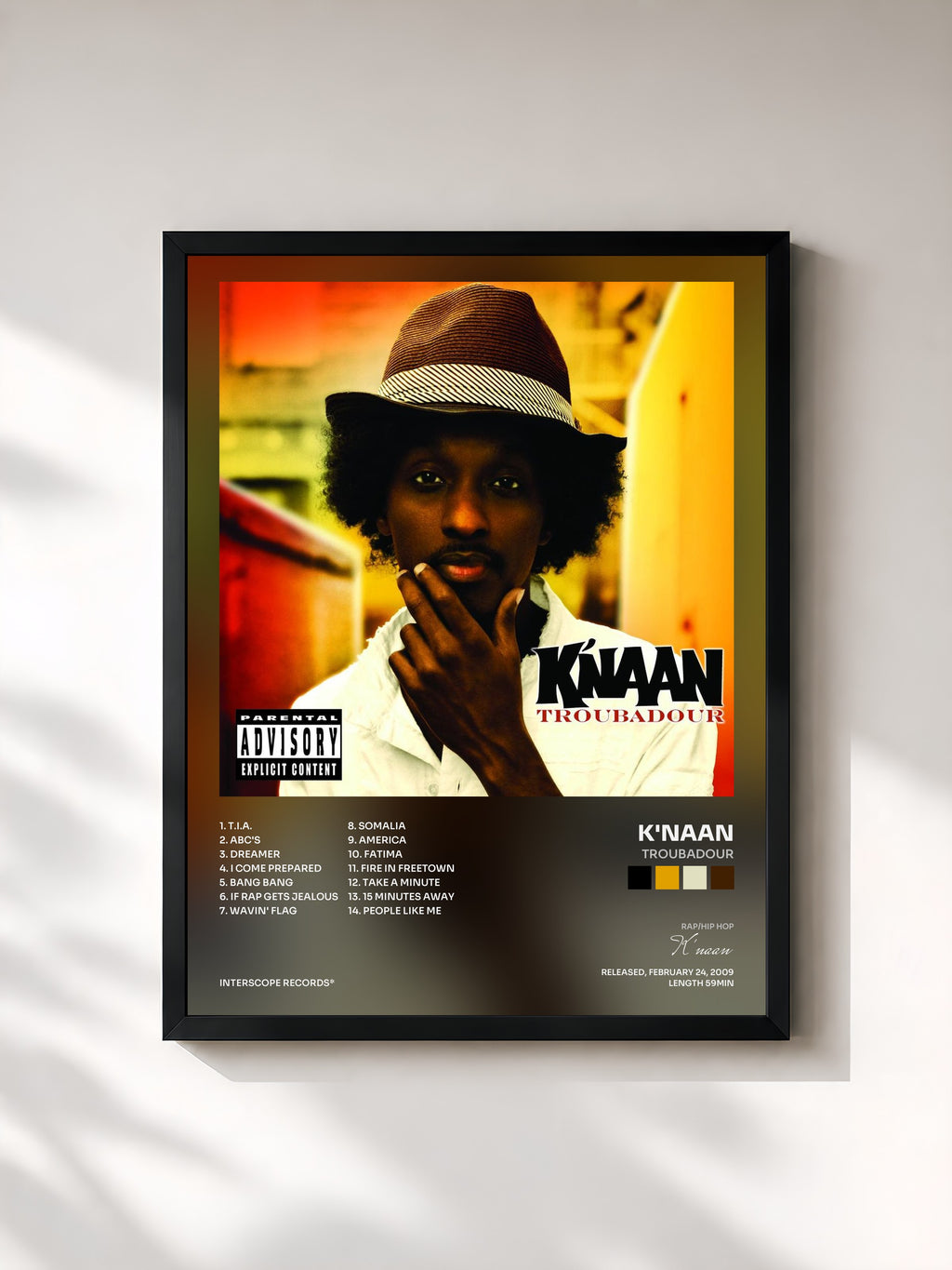#noir Tableau de l'album Troubadour de K'naan, cadre noir, imprimé et encadré en France