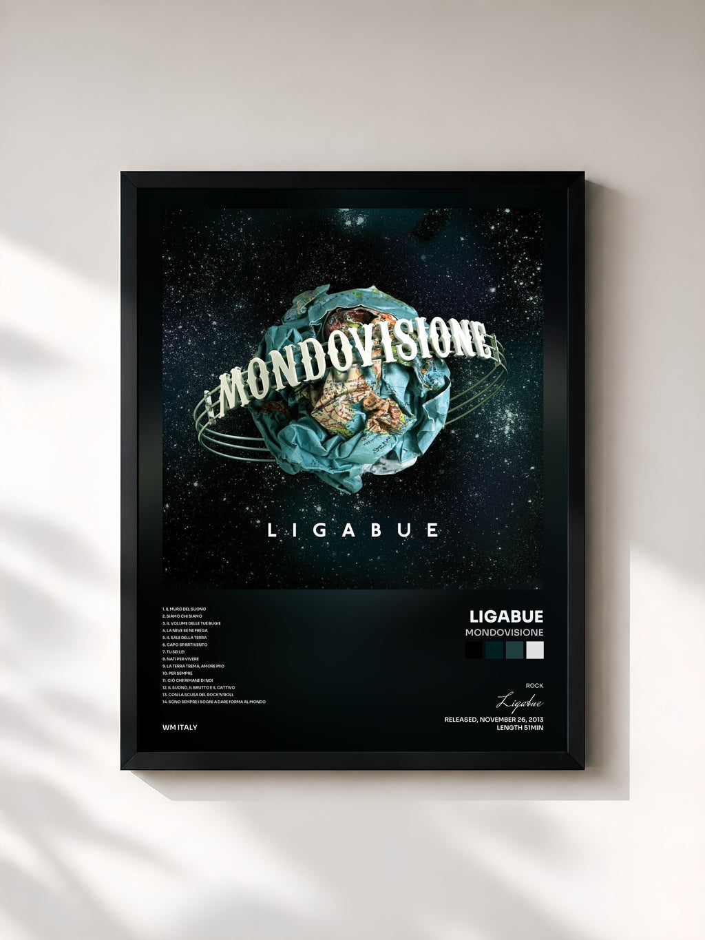#noir Tableau de l'album Mondovisione de Ligabue, cadre noir, imprimé et encadré en France