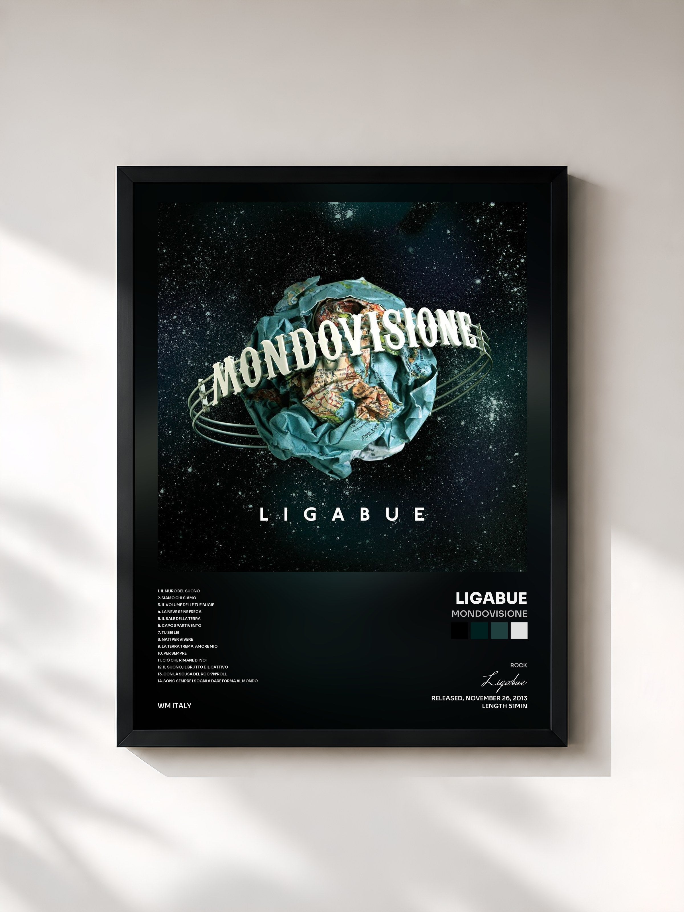 #noir Tableau de l'album Mondovisione de Ligabue, cadre noir, imprimé et encadré en France