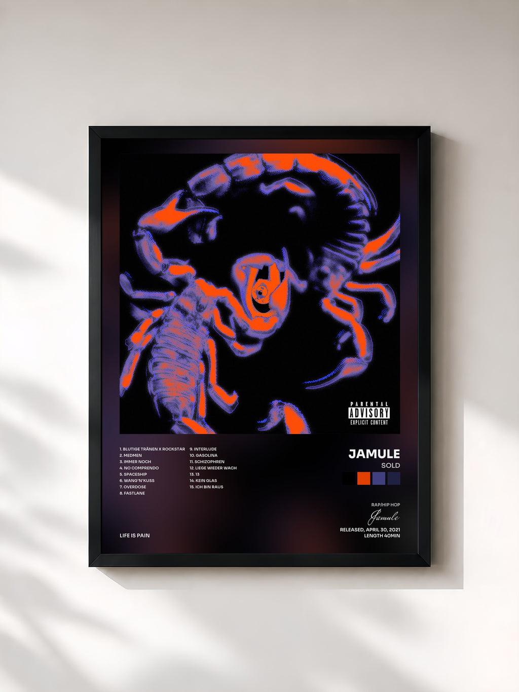 #noir Tableau de l'album SOLD de Jamule, cadre noir, imprimé et encadré en France