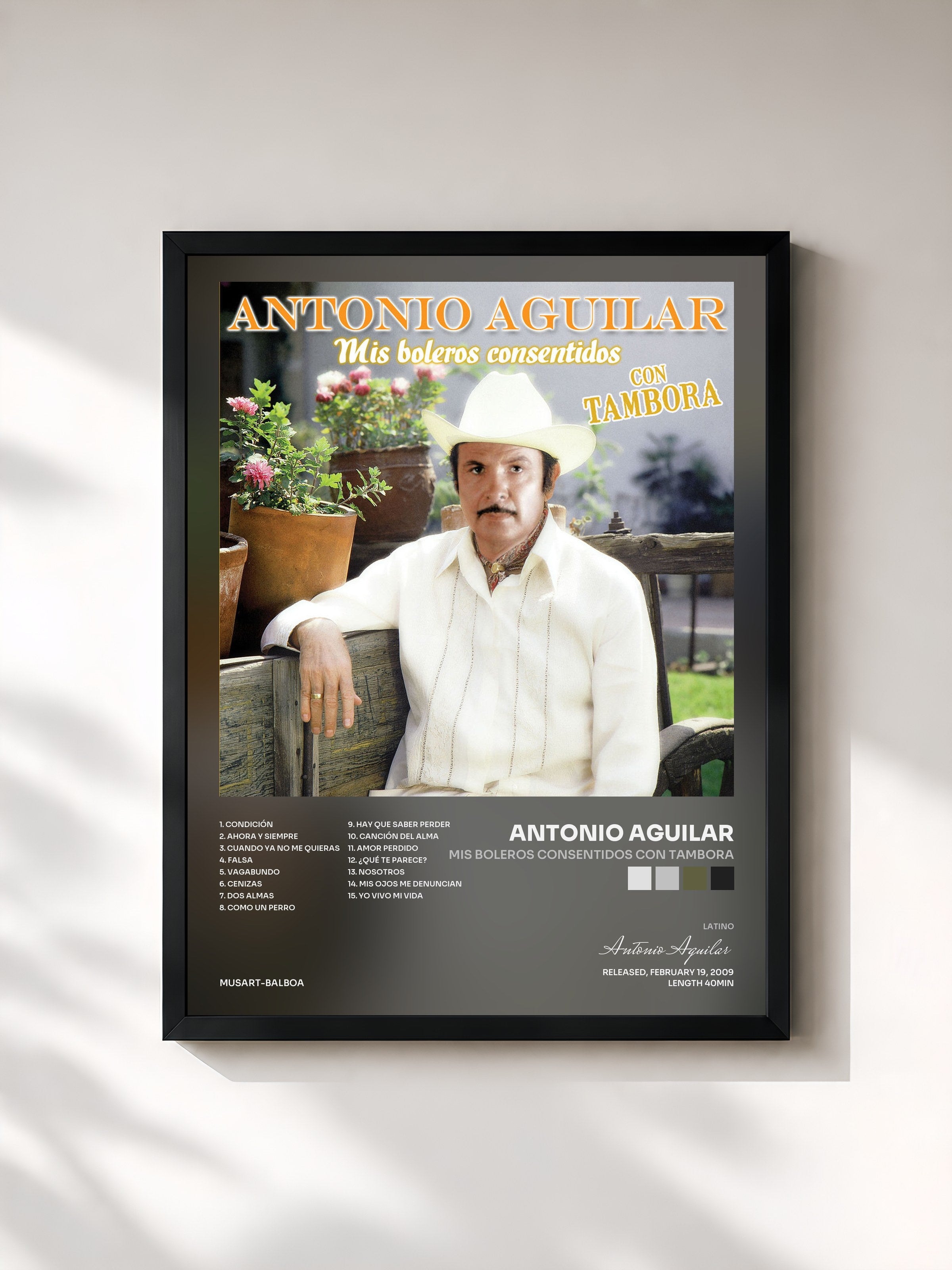 #noir Tableau de l'album Mis Boleros Consentidos Con Tambora de Antonio Aguilar, cadre noir, imprimé et encadré en France