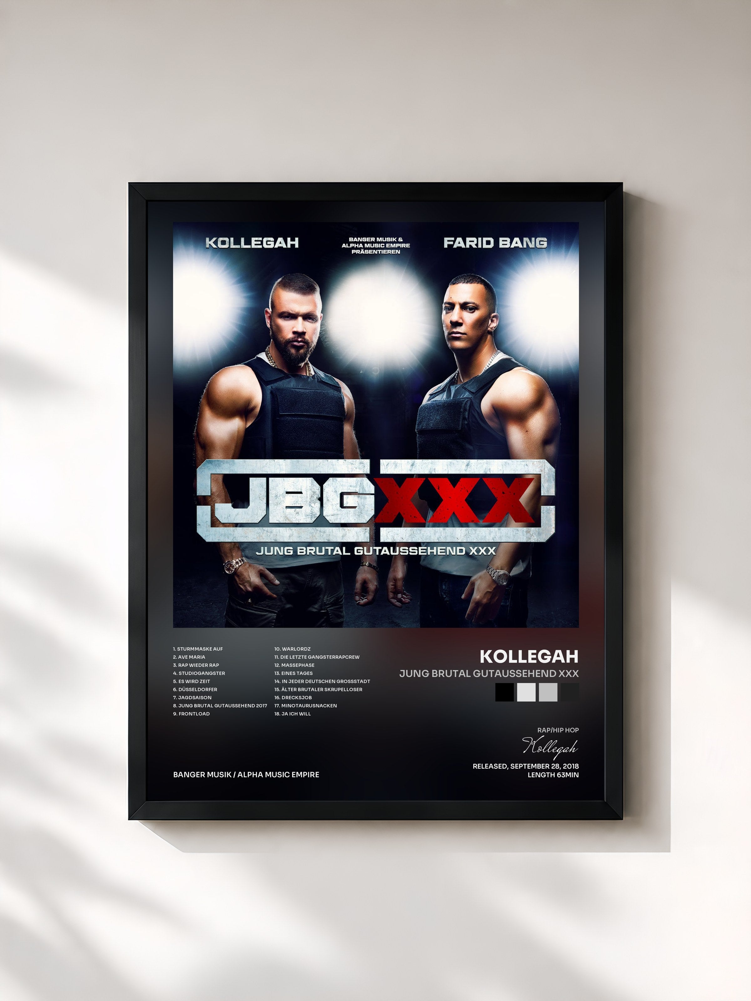 #noir Tableau de l'album Jung Brutal Gutaussehend XXX de Kollegah, cadre noir, imprimé et encadré en France