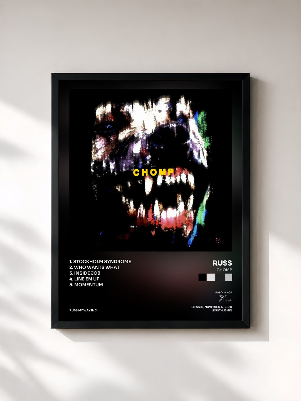 #noir Tableau de l'album CHOMP de Russ, cadre noir, imprimé et encadré en France