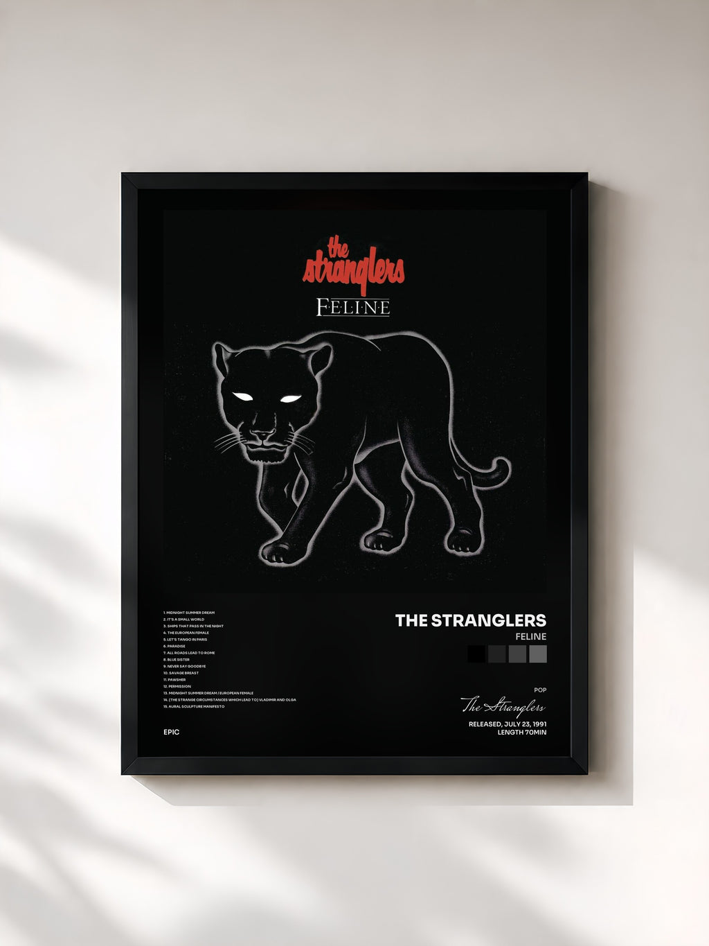 #noir Tableau de l'album Feline de The Stranglers, cadre noir, imprimé et encadré en France