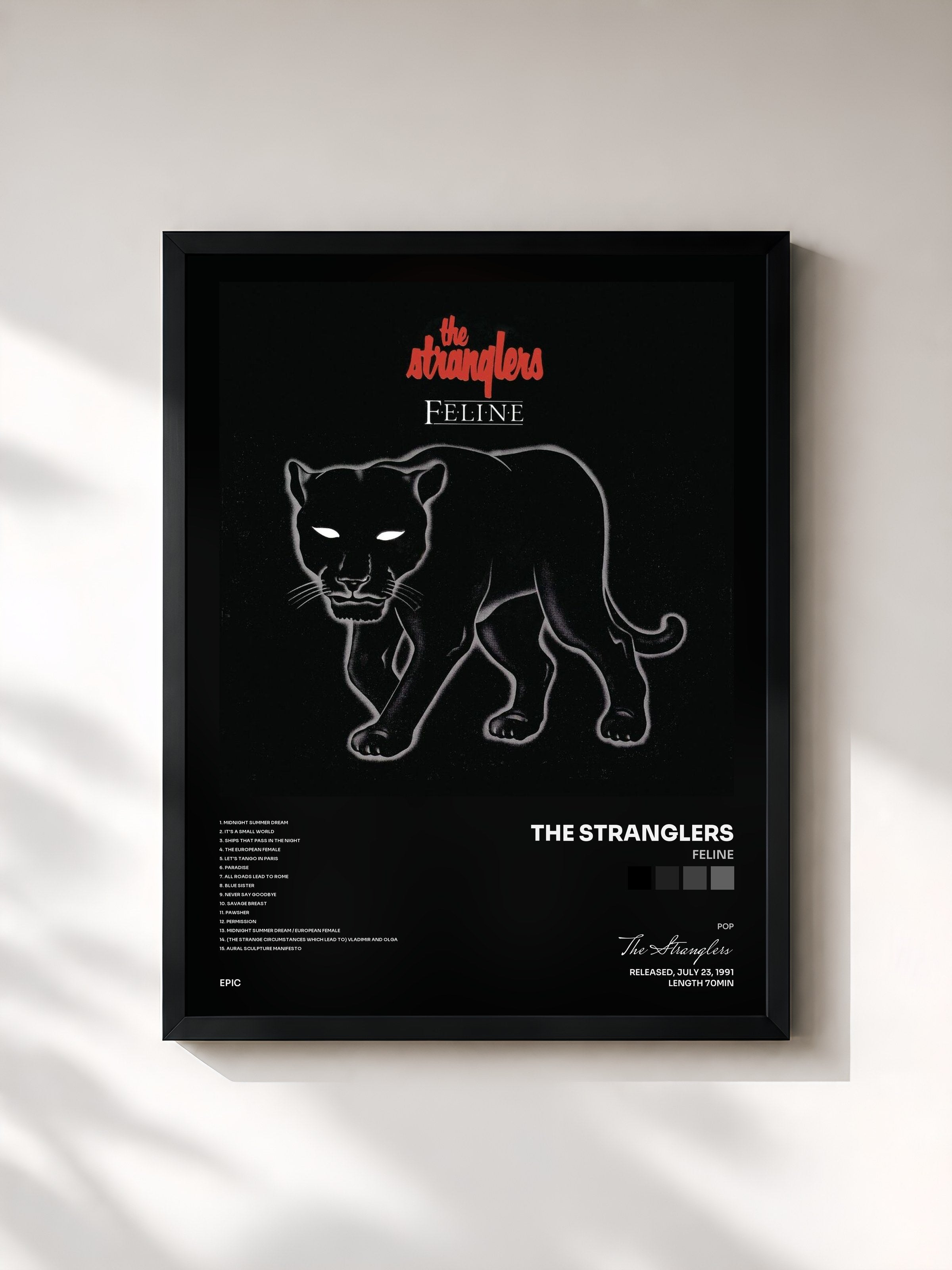 #noir Tableau de l'album Feline de The Stranglers, cadre noir, imprimé et encadré en France