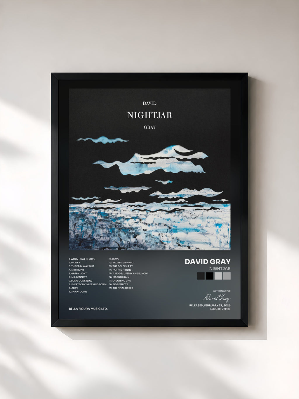 #noir Tableau de l'album Nightjar de David Gray, cadre noir, imprimé et encadré en France