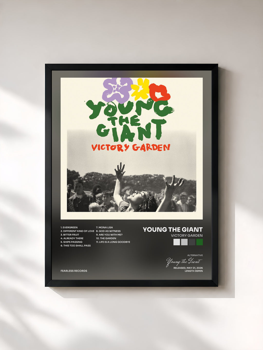 #noir Tableau de l'album Victory Garden de Young the Giant, cadre noir, imprimé et encadré en France
