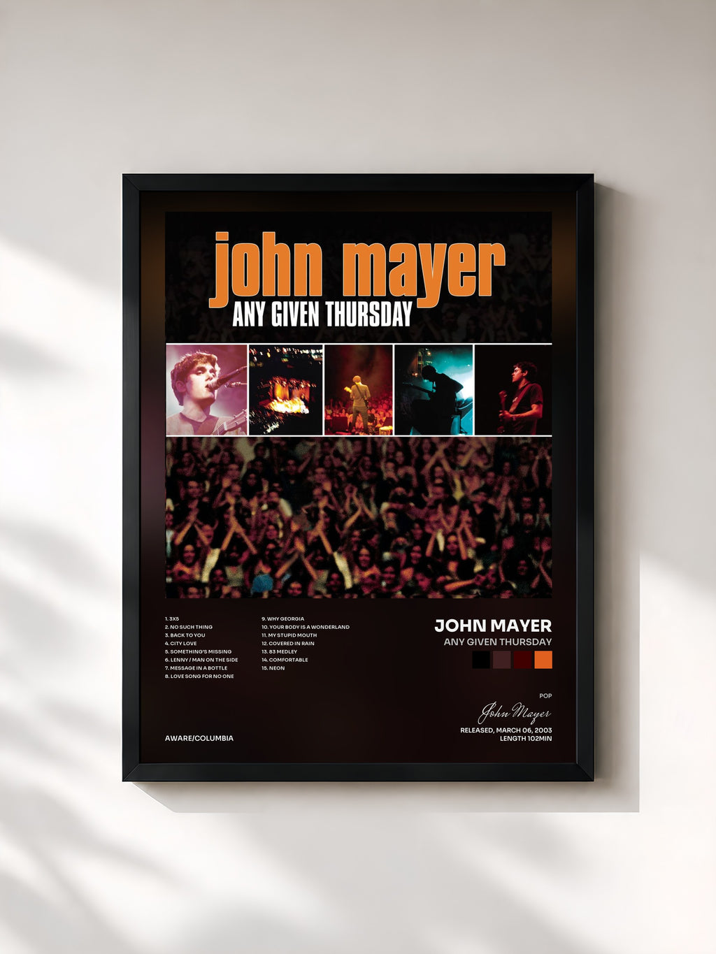 #noir Tableau de l'album Any Given Thursday de John Mayer, cadre noir, imprimé et encadré en France