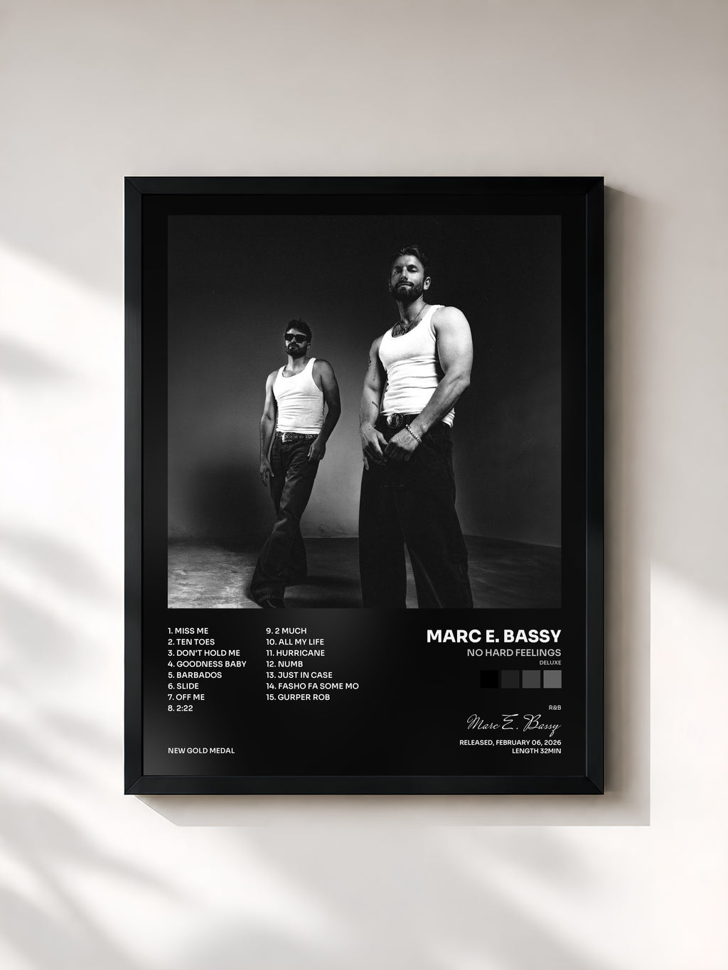 #noir Tableau de l'album NO HArD FEELINGS (Deluxe) de Marc E. Bassy, cadre noir, imprimé et encadré en France