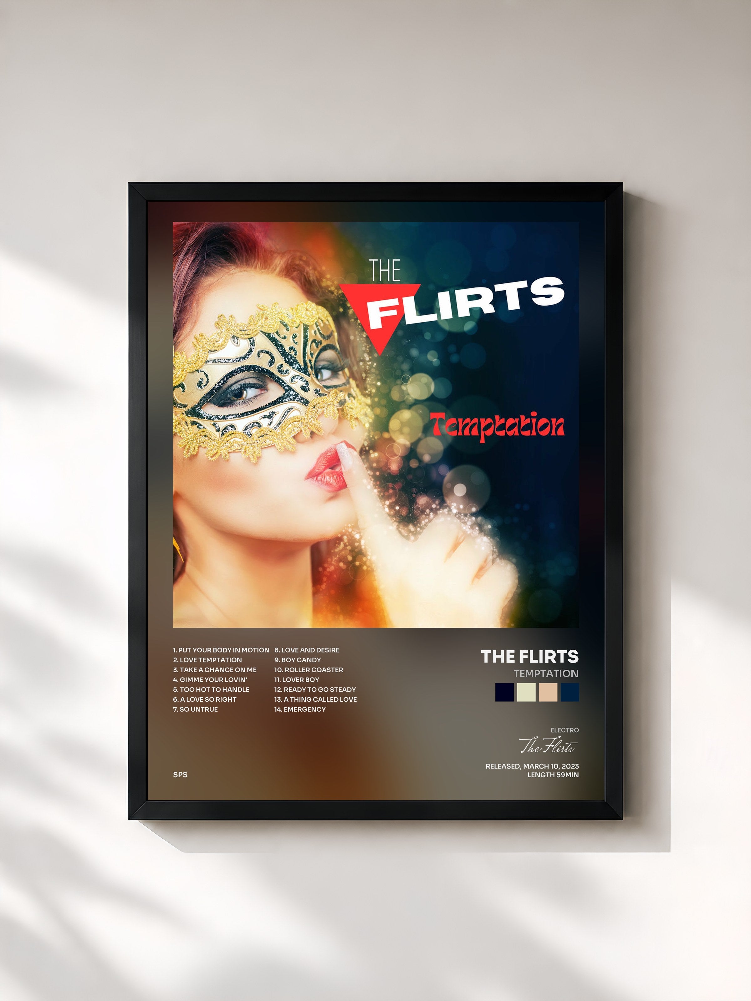 #noir Tableau de l'album Temptation de The Flirts, cadre noir, imprimé et encadré en France