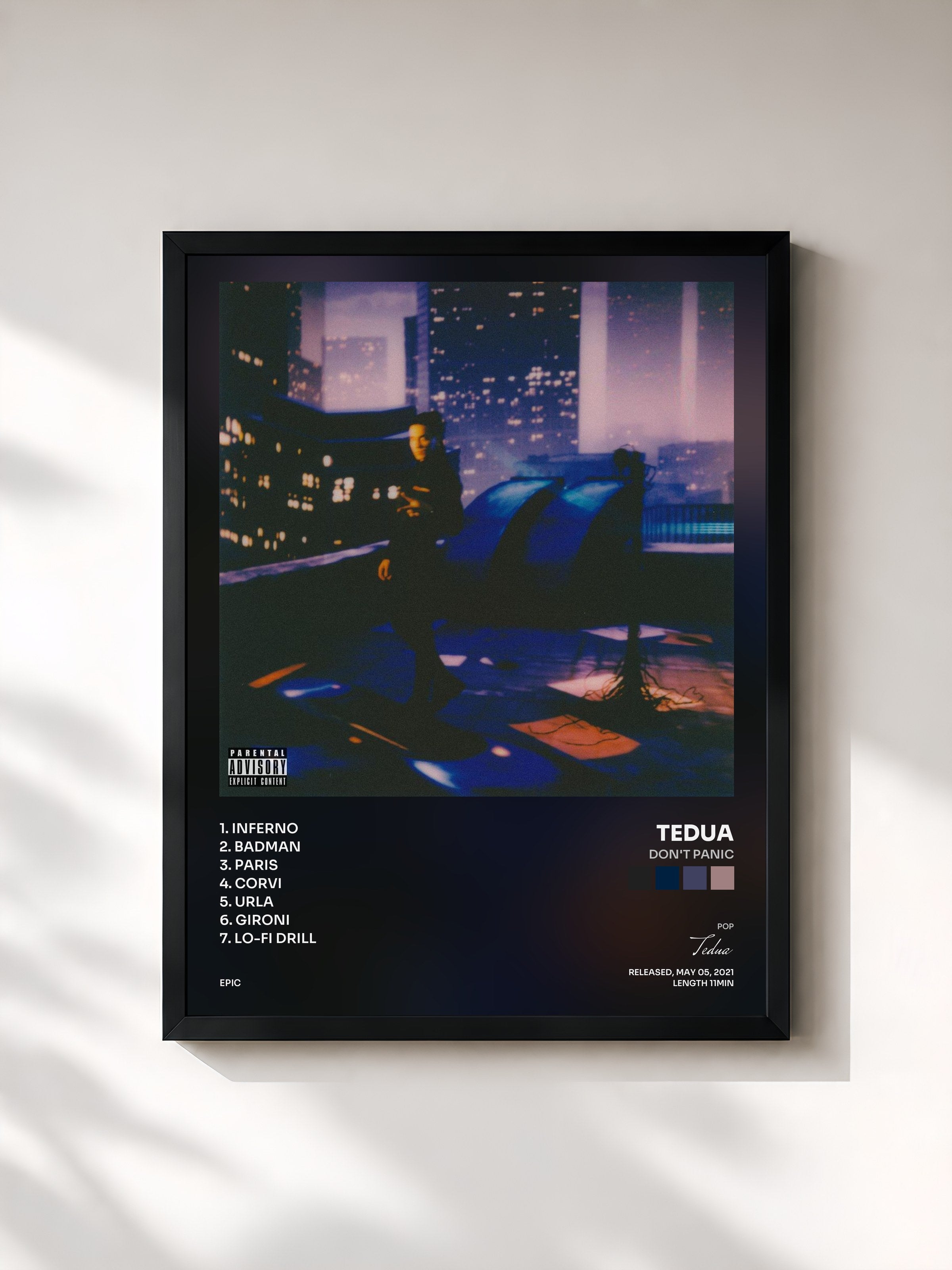 #noir Tableau de l'album Don't Panic de Tedua, cadre noir, imprimé et encadré en France