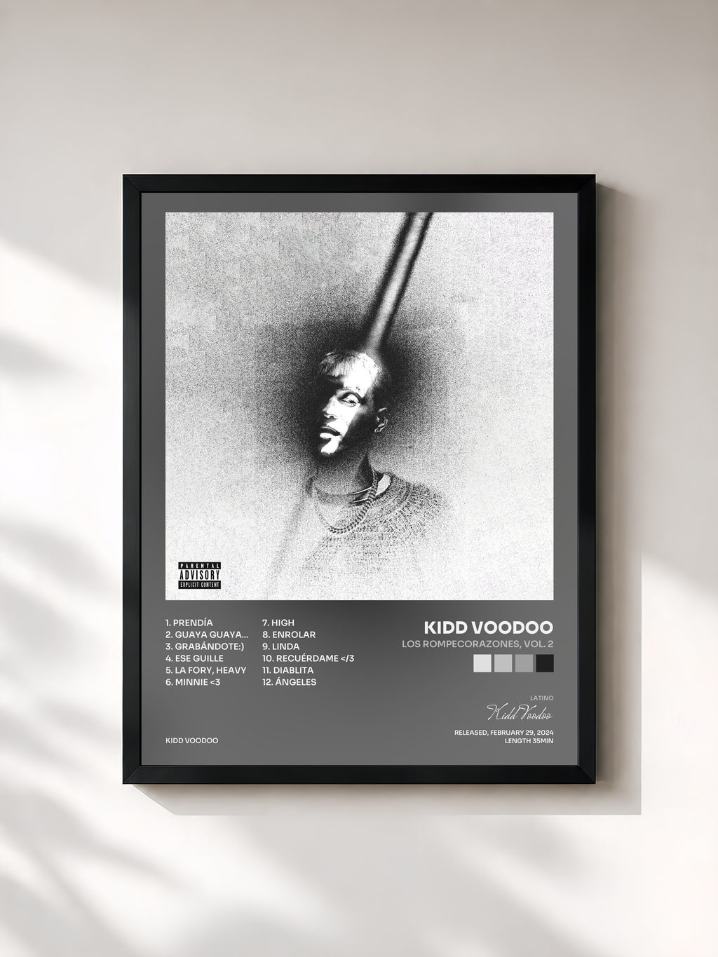 #noir Tableau de l'album Los Rompecorazones, Vol. 2 de Kidd Voodoo, cadre noir, imprimé et encadré en France