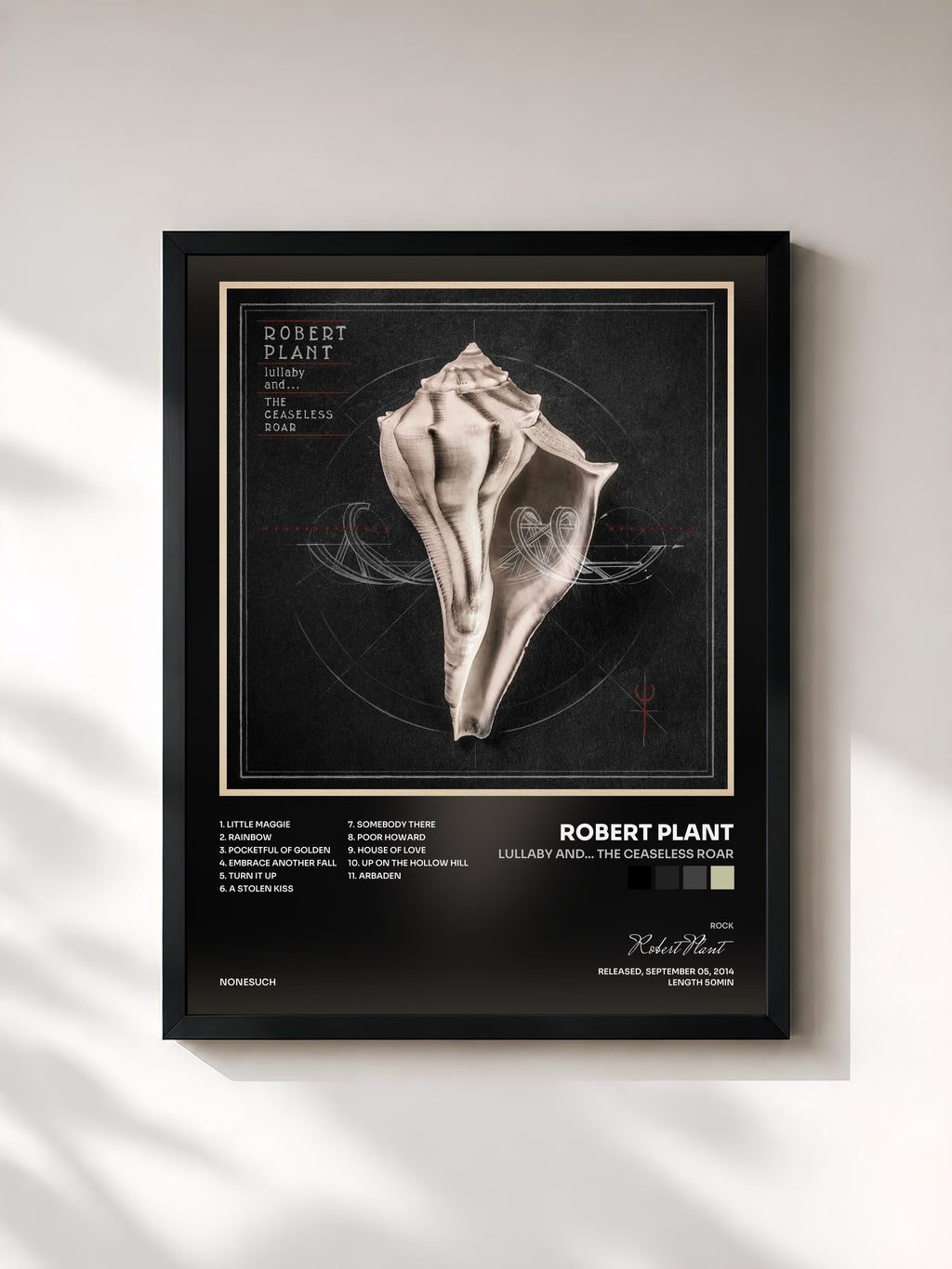 #noir Tableau de l'album lullaby and... The Ceaseless Roar de Robert Plant, cadre noir, imprimé et encadré en France