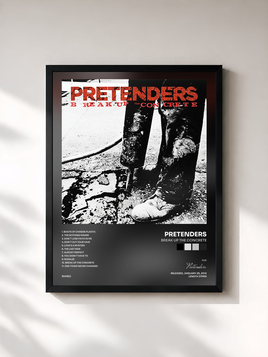 #noir Tableau de l'album Break Up the Concrete de Pretenders, cadre noir, imprimé et encadré en France